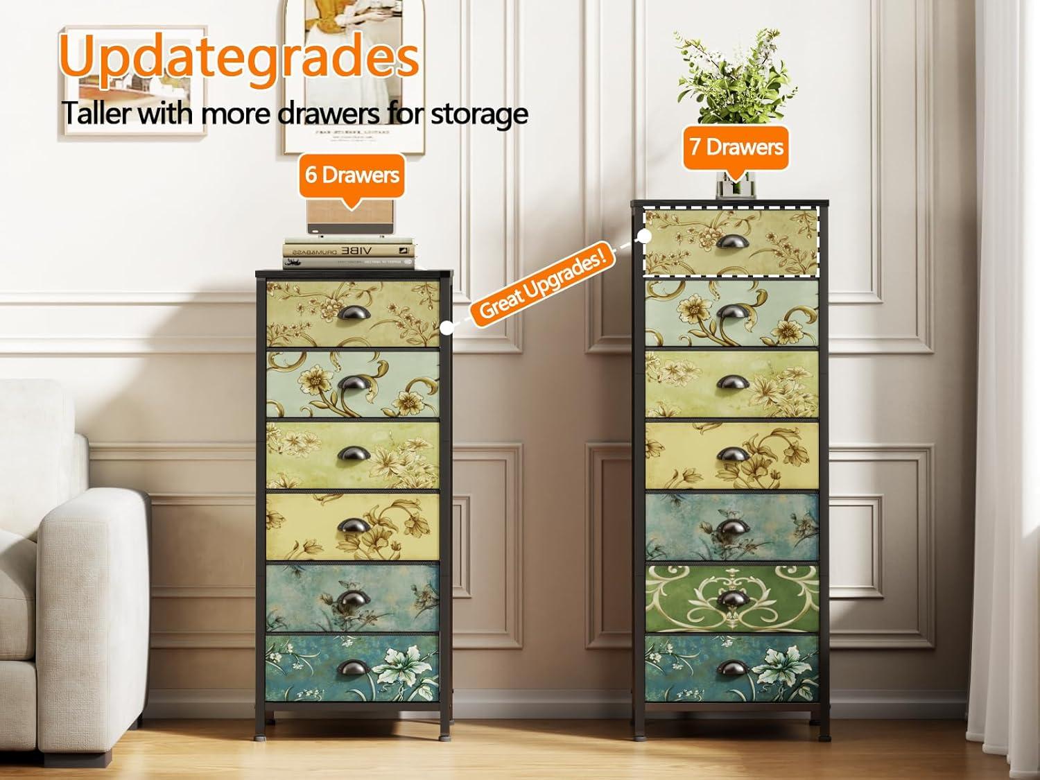 imageFurnulem 4 Drawer Dresser Vertical Nightstand for Kids Adult Fabric Chest of Drawers for Bedroom Living Room Closet Nusery Storage Tower Unit Retro Style Furniture Wood Desk Top158D x 433W x 114H 7 Drawers