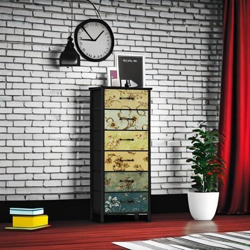 imageFurnulem 4 Drawer Dresser Vertical Nightstand for Kids Adult Fabric Chest of Drawers for Bedroom Living Room Closet Nusery Storage Tower Unit Retro Style Furniture Wood Desk Top118D x 158W x 459H 6 Drawers