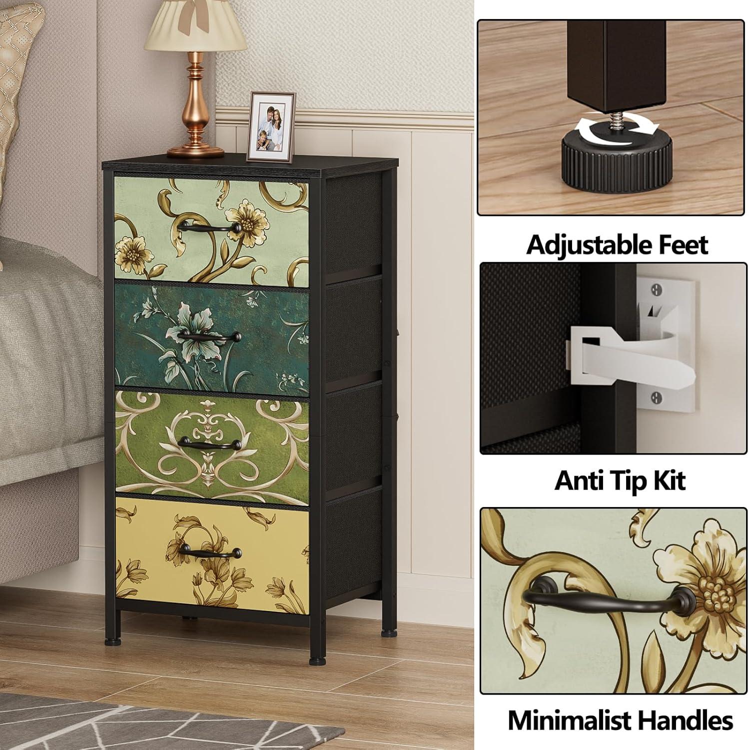 imageFurnulem 4 Drawer Dresser Vertical Nightstand for Kids Adult Fabric Chest of Drawers for Bedroom Living Room Closet Nusery Storage Tower Unit Retro Style Furniture Wood Desk Top118D x 158W x 315H 4 Drawers