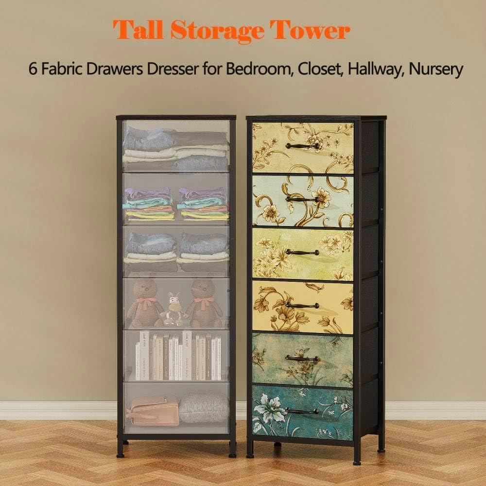 imageFurnulem 4 Drawer Dresser Vertical Nightstand for Kids Adult Fabric Chest of Drawers for Bedroom Living Room Closet Nusery Storage Tower Unit Retro Style Furniture Wood Desk Top118D x 158W x 459H 6 Drawers