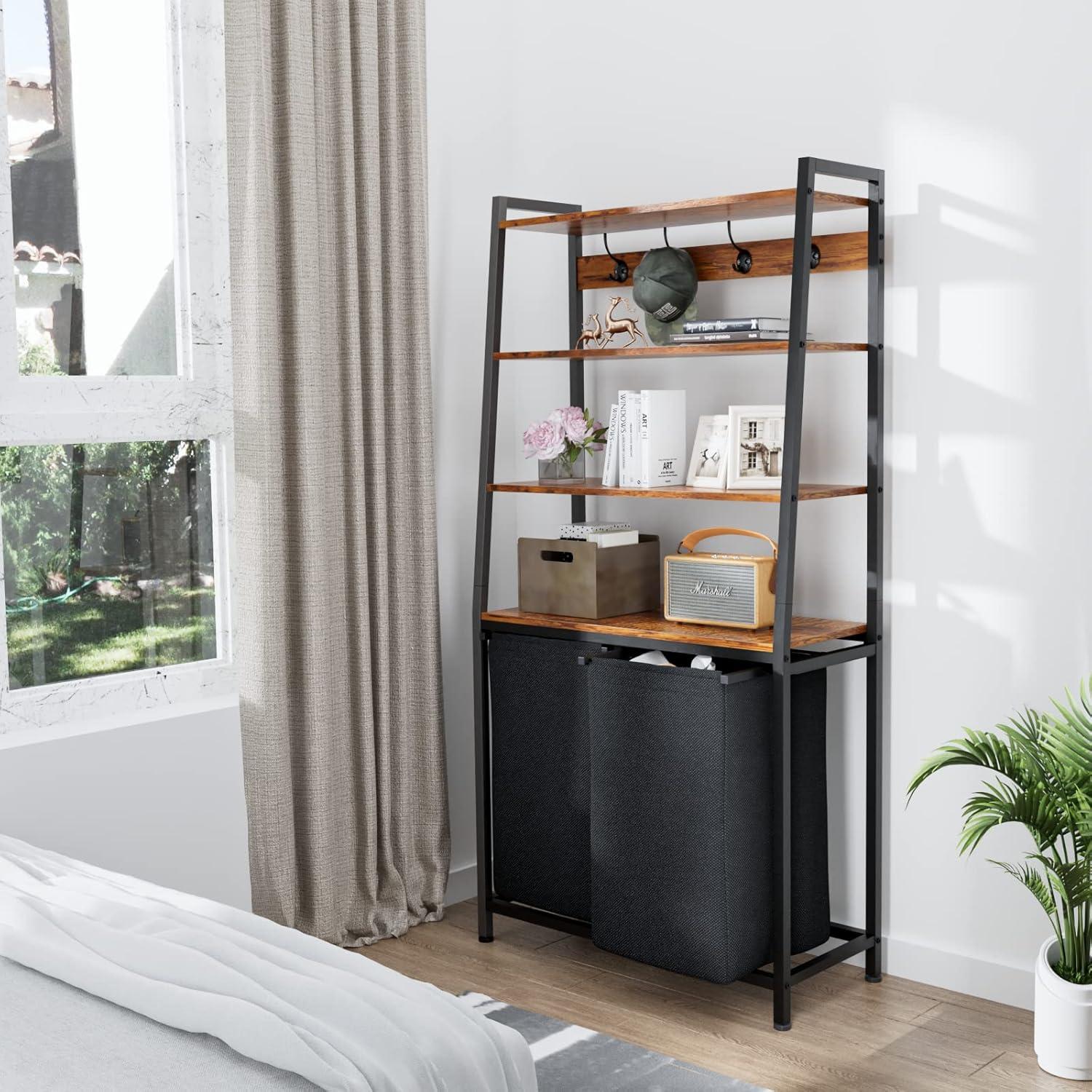 imageFurnulem 4 Tiers Laundry Hamper with Shelf and Hooks Tall Laundry Basket Sorter with 2 Removable Bags Double Clothes Hampers Organizers for Bathroom Bedroom2Bag Laundry Hamper