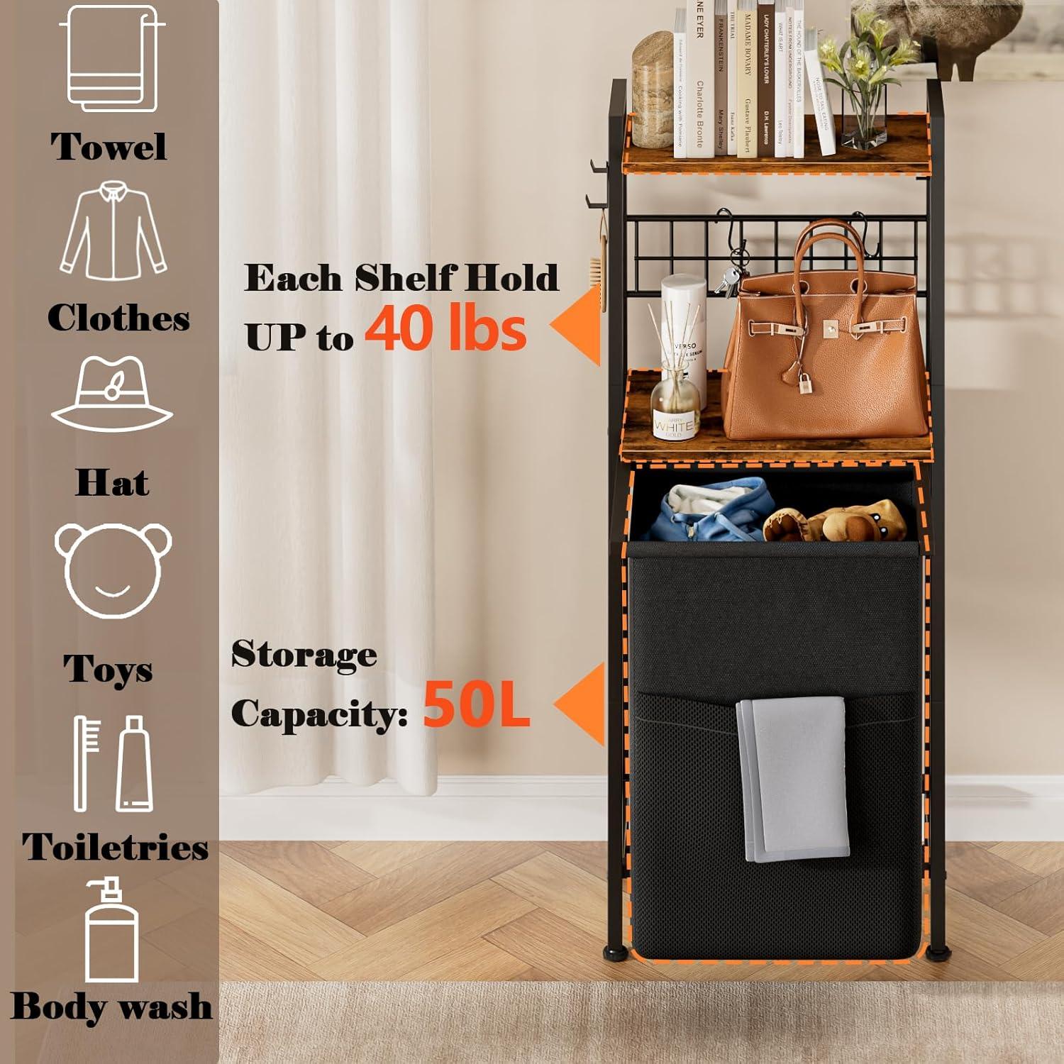 imageFurnulem 4 Tiers Laundry Hamper with Shelf and Hooks Tall Laundry Basket Sorter with 2 Removable Bags Double Clothes Hampers Organizers for Bathroom Bedroom1Bag Laundry Hamper
