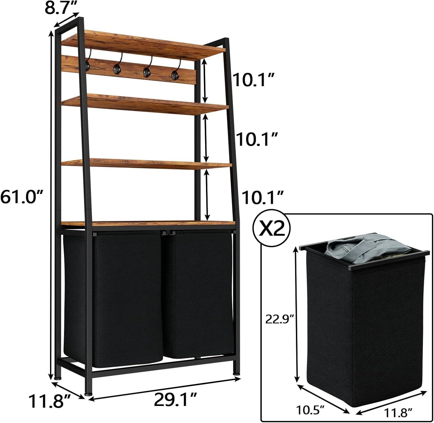 imageFurnulem 4 Tiers Laundry Hamper with Shelf and Hooks Tall Laundry Basket Sorter with 2 Removable Bags Double Clothes Hampers Organizers for Bathroom Bedroom2Bag Laundry Hamper