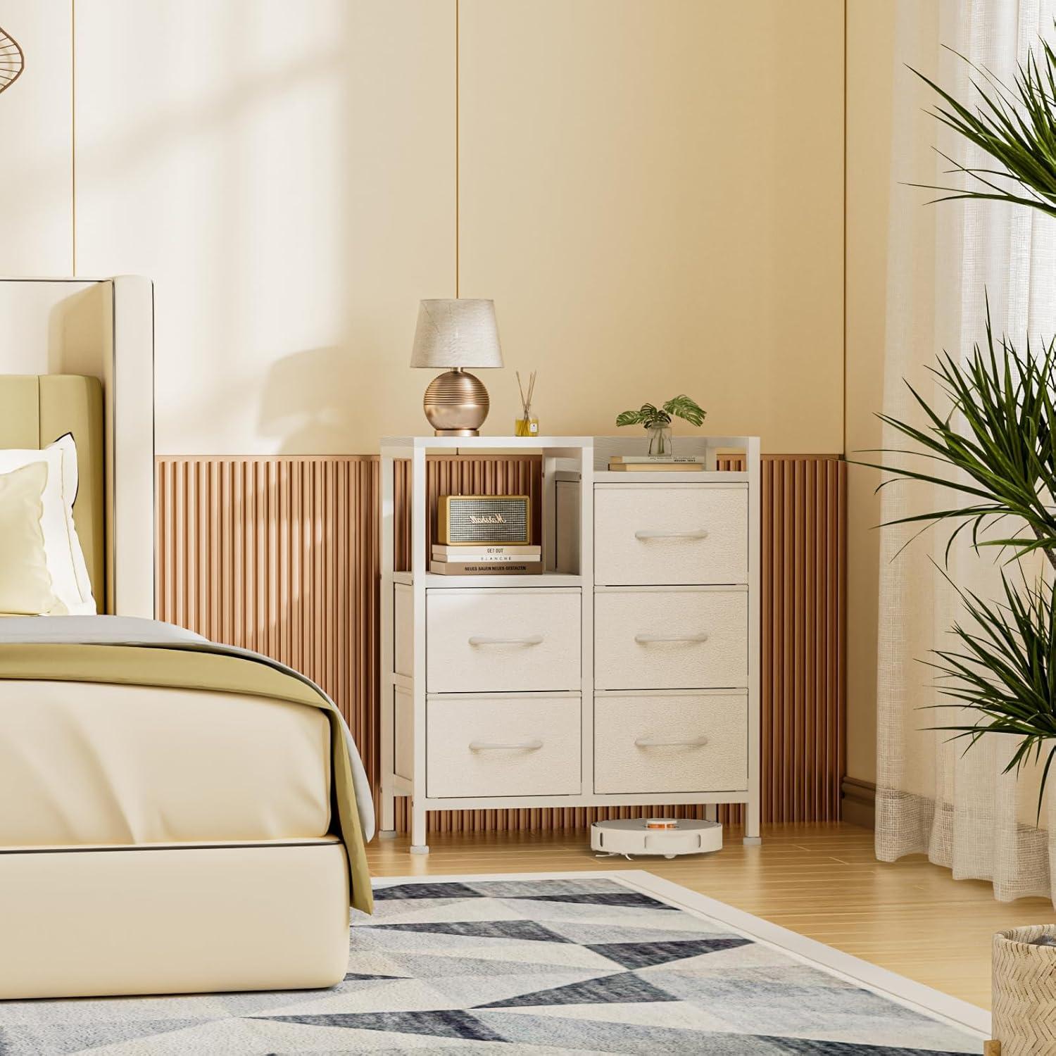 imageFurnulem 5 Drawer White Dressers for Bedroom 2 Tier Shelf Storage Small Fabric Dresser for Closet Sturdy Metal Frame Modern Style Storage Cabinets Organization Units for Hallway RoomsWhite