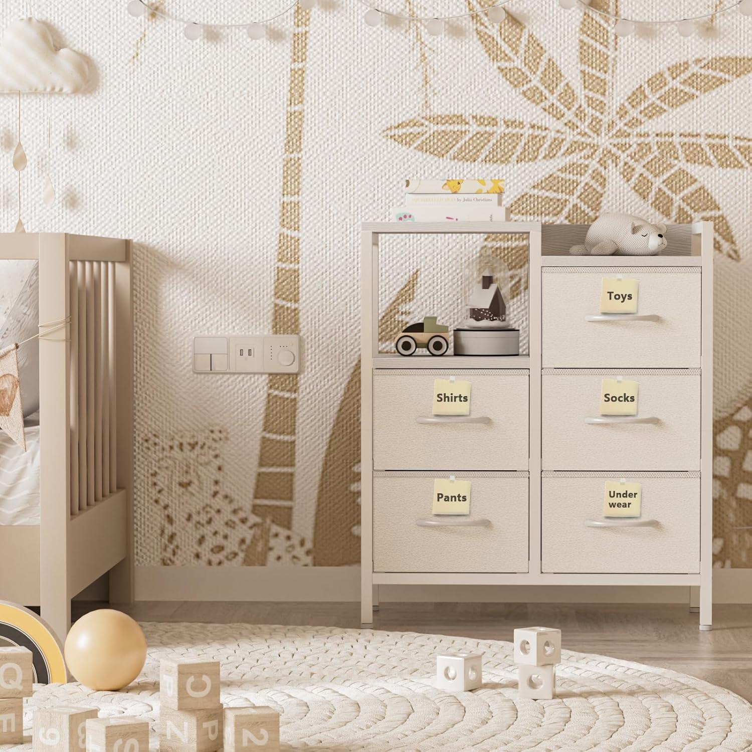 imageFurnulem 5 Drawer White Dressers for Bedroom 2 Tier Shelf Storage Small Fabric Dresser for Closet Sturdy Metal Frame Modern Style Storage Cabinets Organization Units for Hallway RoomsWhite