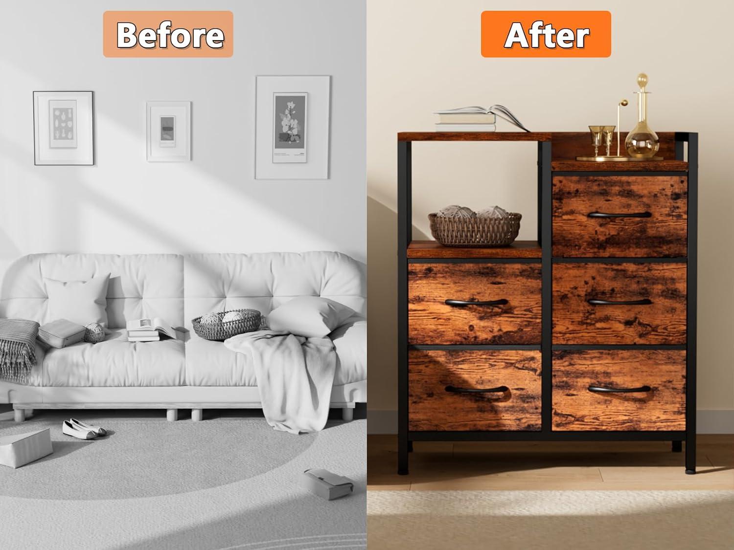 imageFurnulem 5 Drawer White Dressers for Bedroom 2 Tier Shelf Storage Small Fabric Dresser for Closet Sturdy Metal Frame Modern Style Storage Cabinets Organization Units for Hallway RoomsRustic Brown