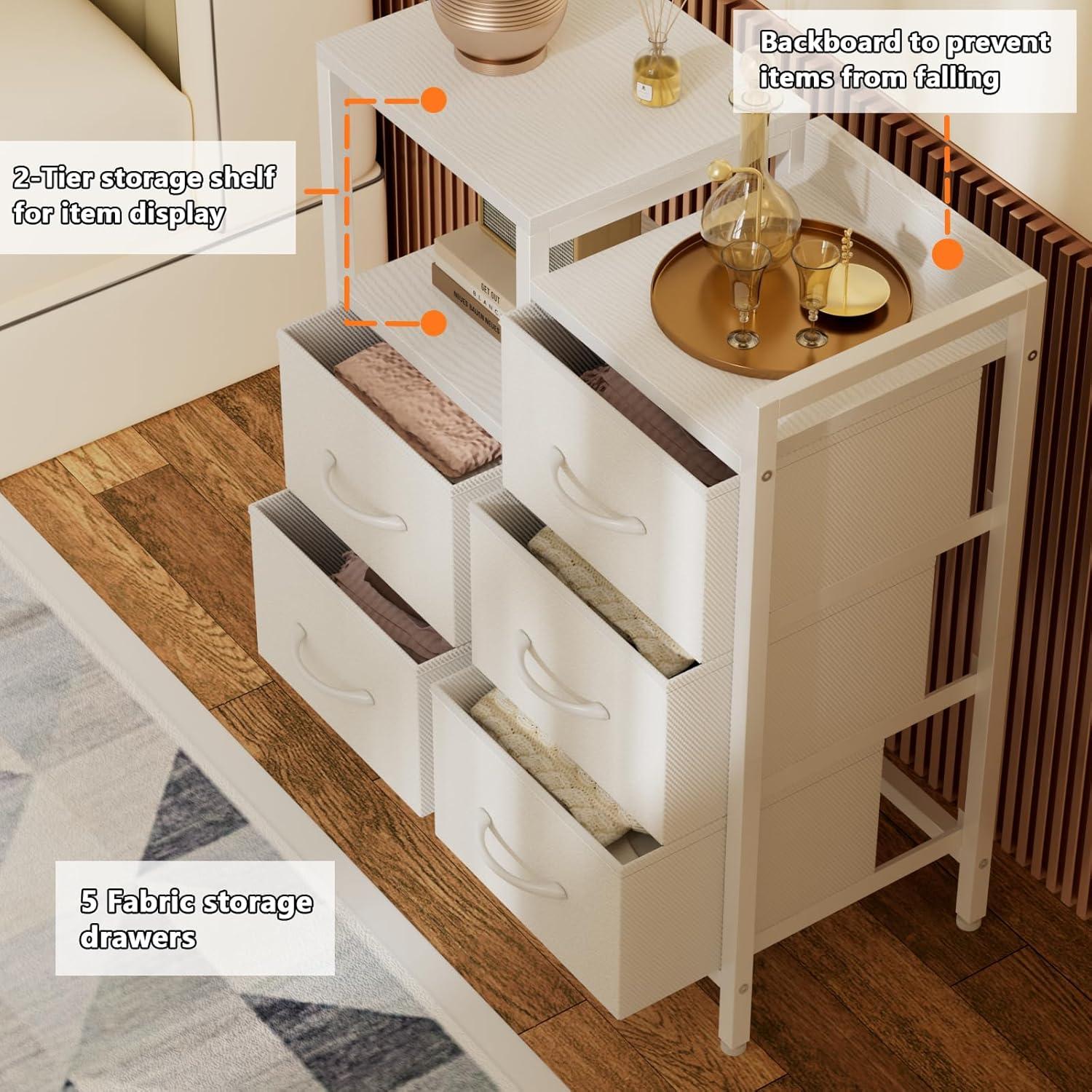 imageFurnulem 5 Drawer White Dressers for Bedroom 2 Tier Shelf Storage Small Fabric Dresser for Closet Sturdy Metal Frame Modern Style Storage Cabinets Organization Units for Hallway RoomsWhite