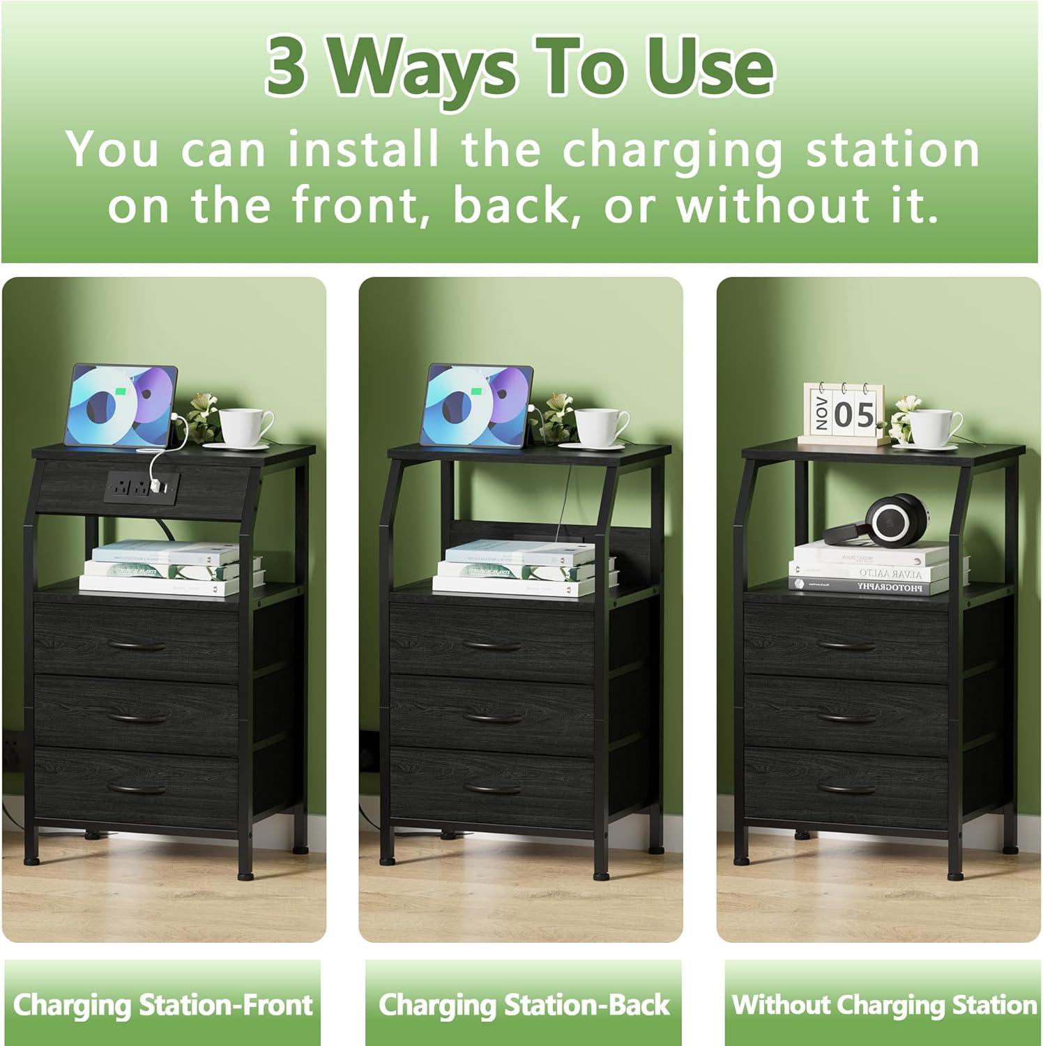 imageFurnulem 5 Drawers Dresser with Charging Station Fabric Chest of Drawers with Open Shelf Tall Night Stand Bedside Table for Closet Entryway Bedroom Furniture 3 Ways to Use Black OakBlack Oak