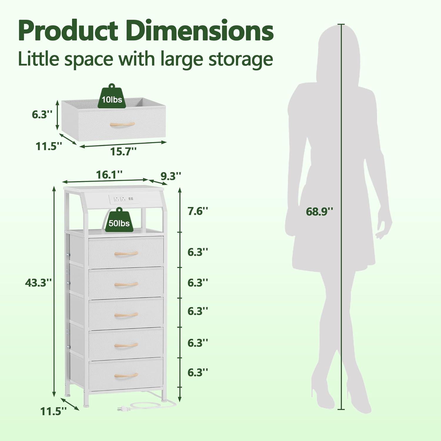 imageFurnulem 5 Drawers Dresser with Charging Station Fabric Chest of Drawers with Open Shelf Tall Night Stand Bedside Table for Closet Entryway Bedroom Furniture 3 Ways to Use Black OakWhite