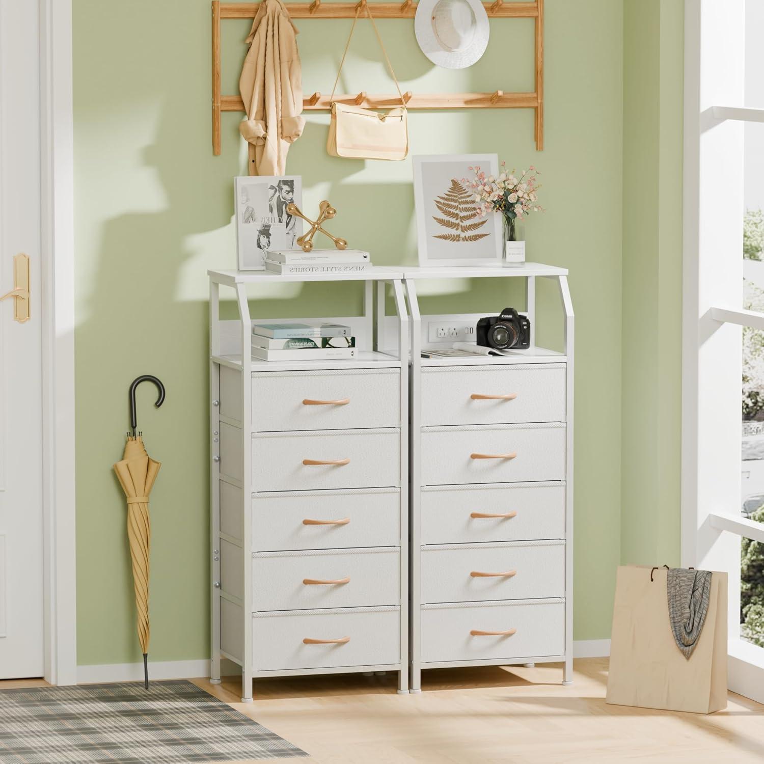 imageFurnulem 5 Drawers Dresser with Charging Station Fabric Chest of Drawers with Open Shelf Tall Night Stand Bedside Table for Closet Entryway Bedroom Furniture 3 Ways to Use Black OakWhite