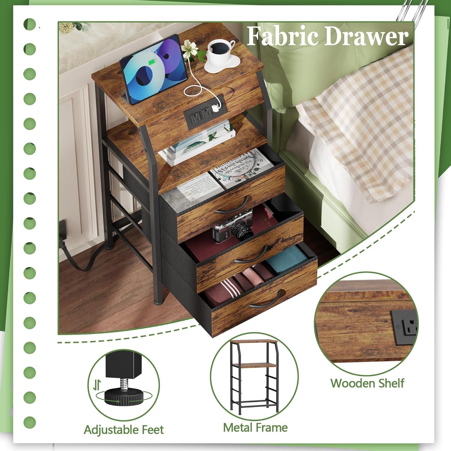 imageFurnulem 5 Drawers Dresser with Charging Station Fabric Chest of Drawers with Open Shelf Tall Night Stand Bedside Table for Closet Entryway Bedroom Furniture 3 Ways to Use Black OakRustic Brown