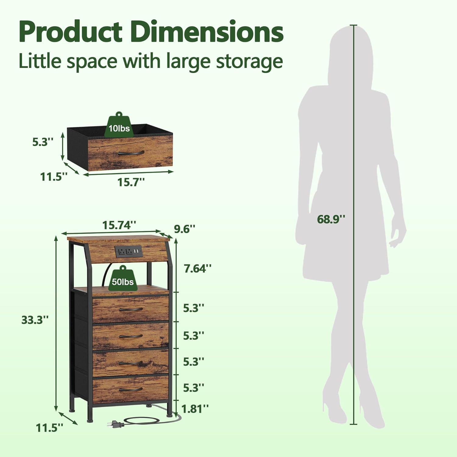 imageFurnulem 5 Drawers Dresser with Charging Station Fabric Chest of Drawers with Open Shelf Tall Night Stand Bedside Table for Closet Entryway Bedroom Furniture 3 Ways to Use Black OakRustic Brown