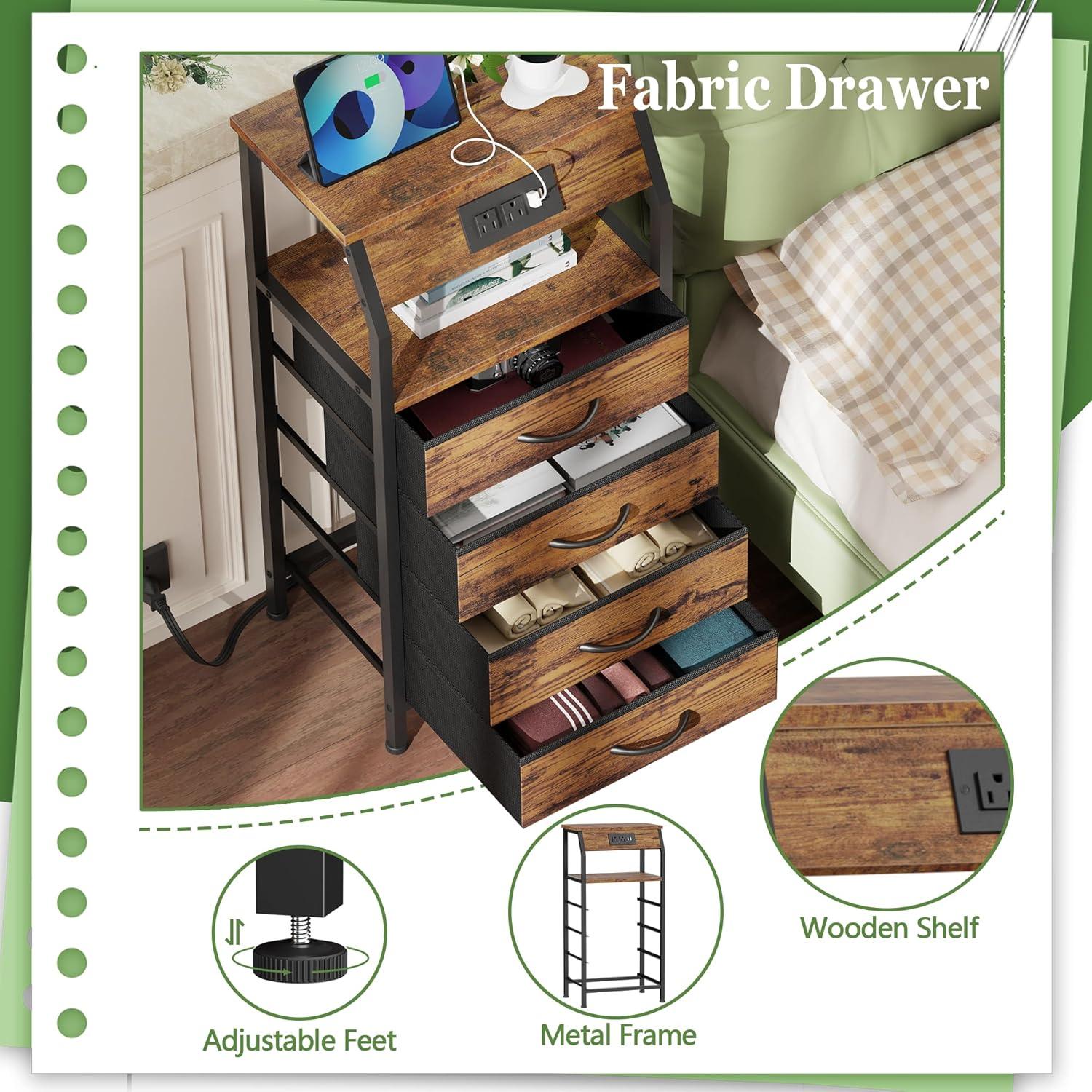 imageFurnulem 5 Drawers Dresser with Charging Station Fabric Chest of Drawers with Open Shelf Tall Night Stand Bedside Table for Closet Entryway Bedroom Furniture 3 Ways to Use Black OakRustic Brown
