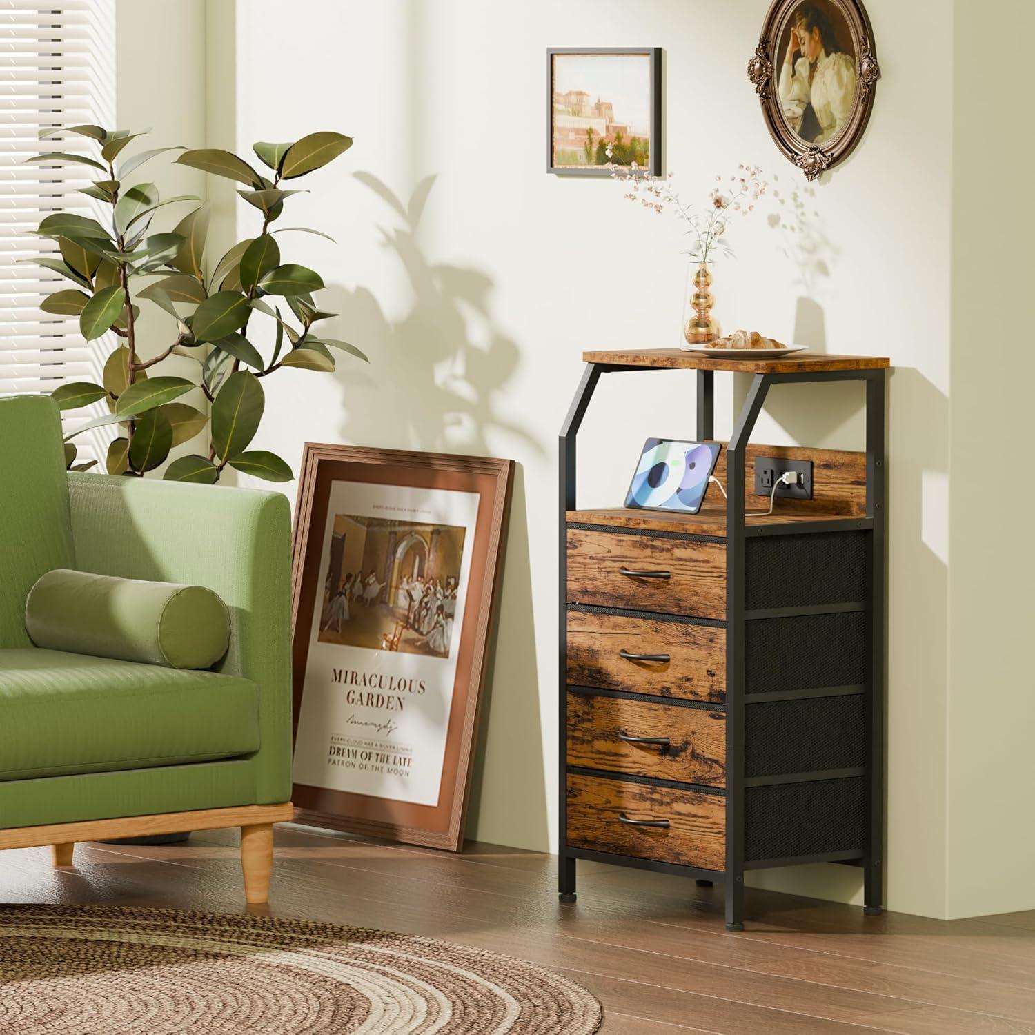 imageFurnulem 5 Drawers Dresser with Charging Station Fabric Chest of Drawers with Open Shelf Tall Night Stand Bedside Table for Closet Entryway Bedroom Furniture 3 Ways to Use Black OakRustic Brown