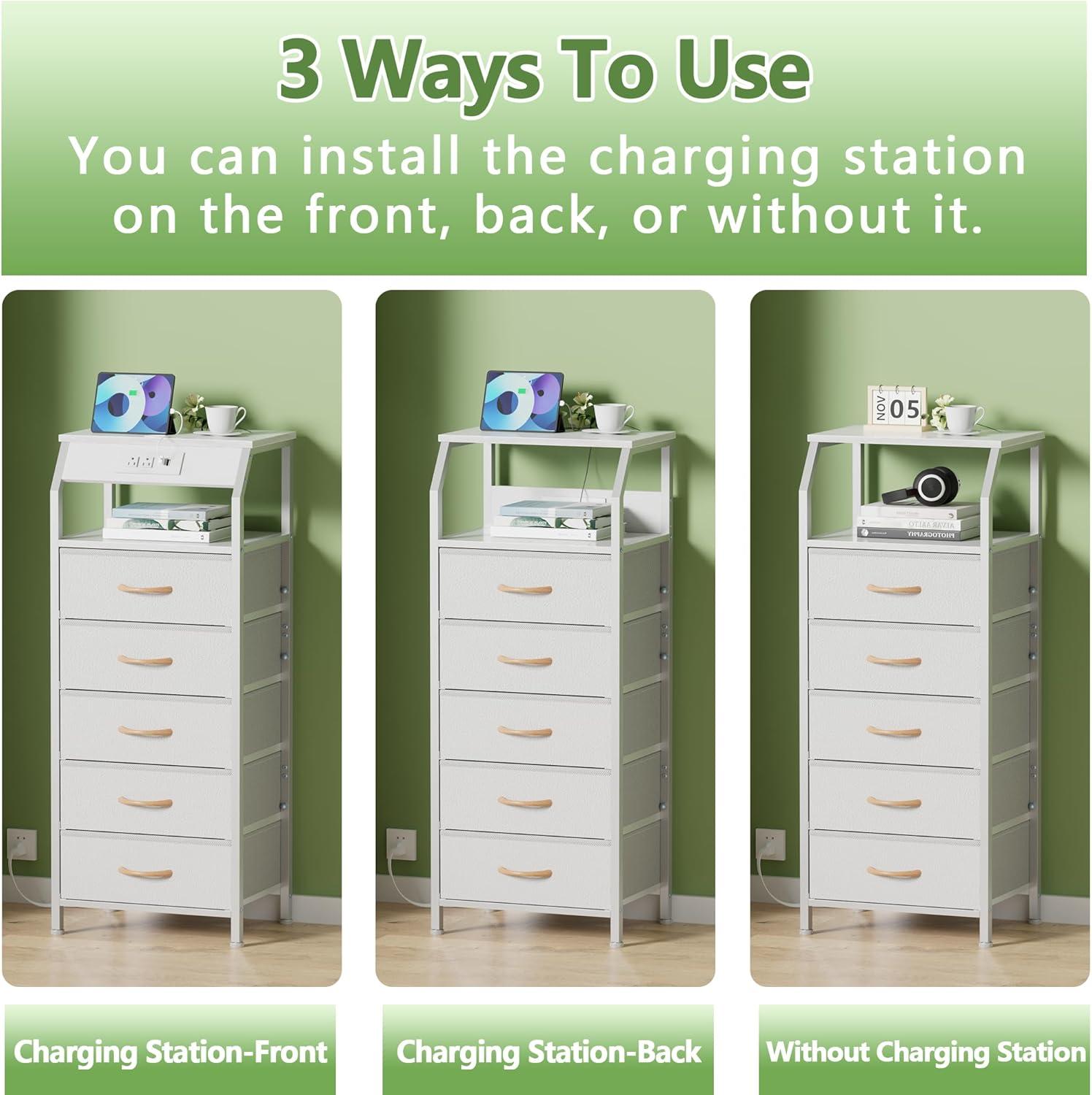 imageFurnulem 5 Drawers Dresser with Charging Station Fabric Chest of Drawers with Open Shelf Tall Night Stand Bedside Table for Closet Entryway Bedroom Furniture 3 Ways to Use Black OakWhite