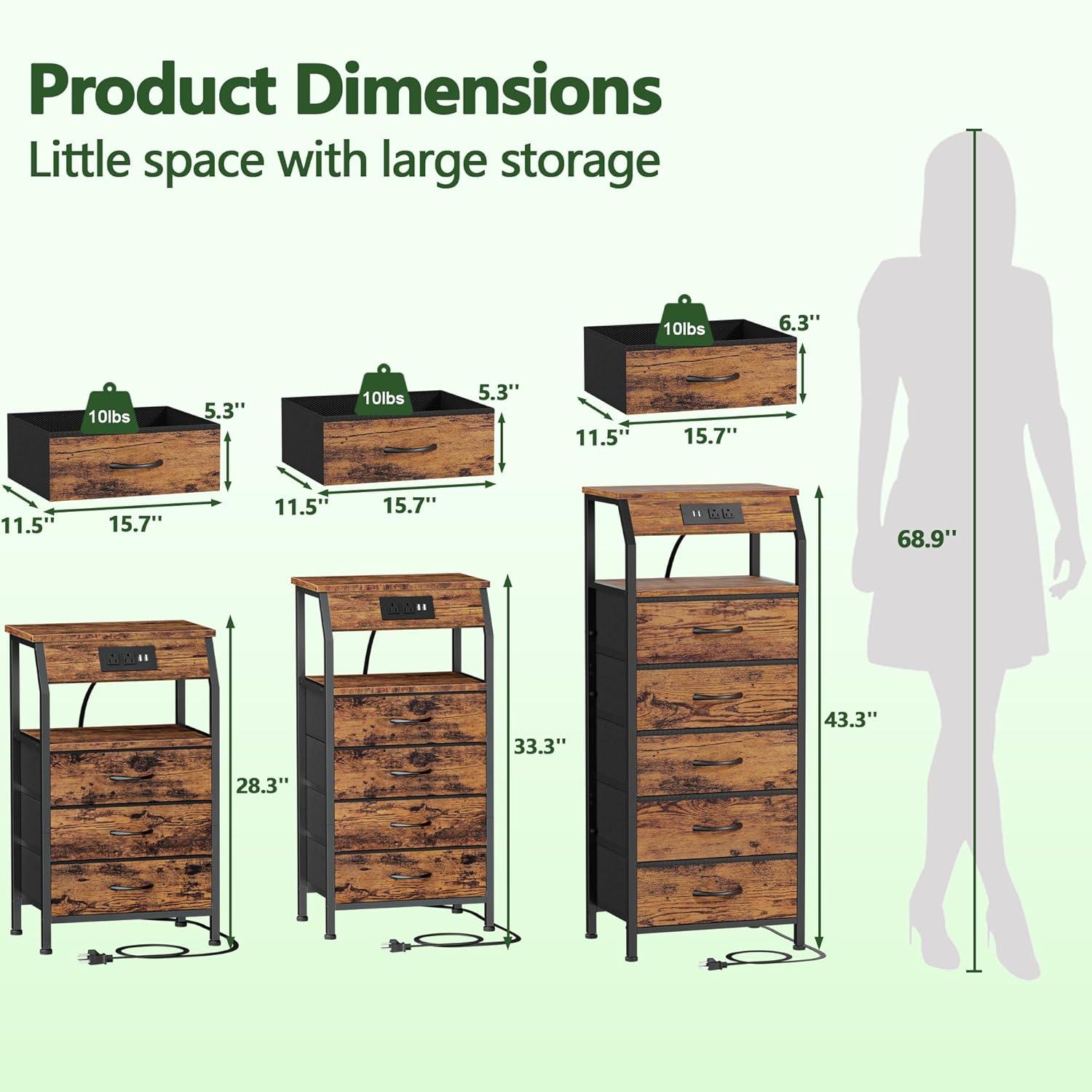 imageFurnulem 5 Drawers Dresser with Charging Station Fabric Chest of Drawers with Open Shelf Tall Night Stand Bedside Table for Closet Entryway Bedroom Furniture 3 Ways to Use Black OakRustic Brown