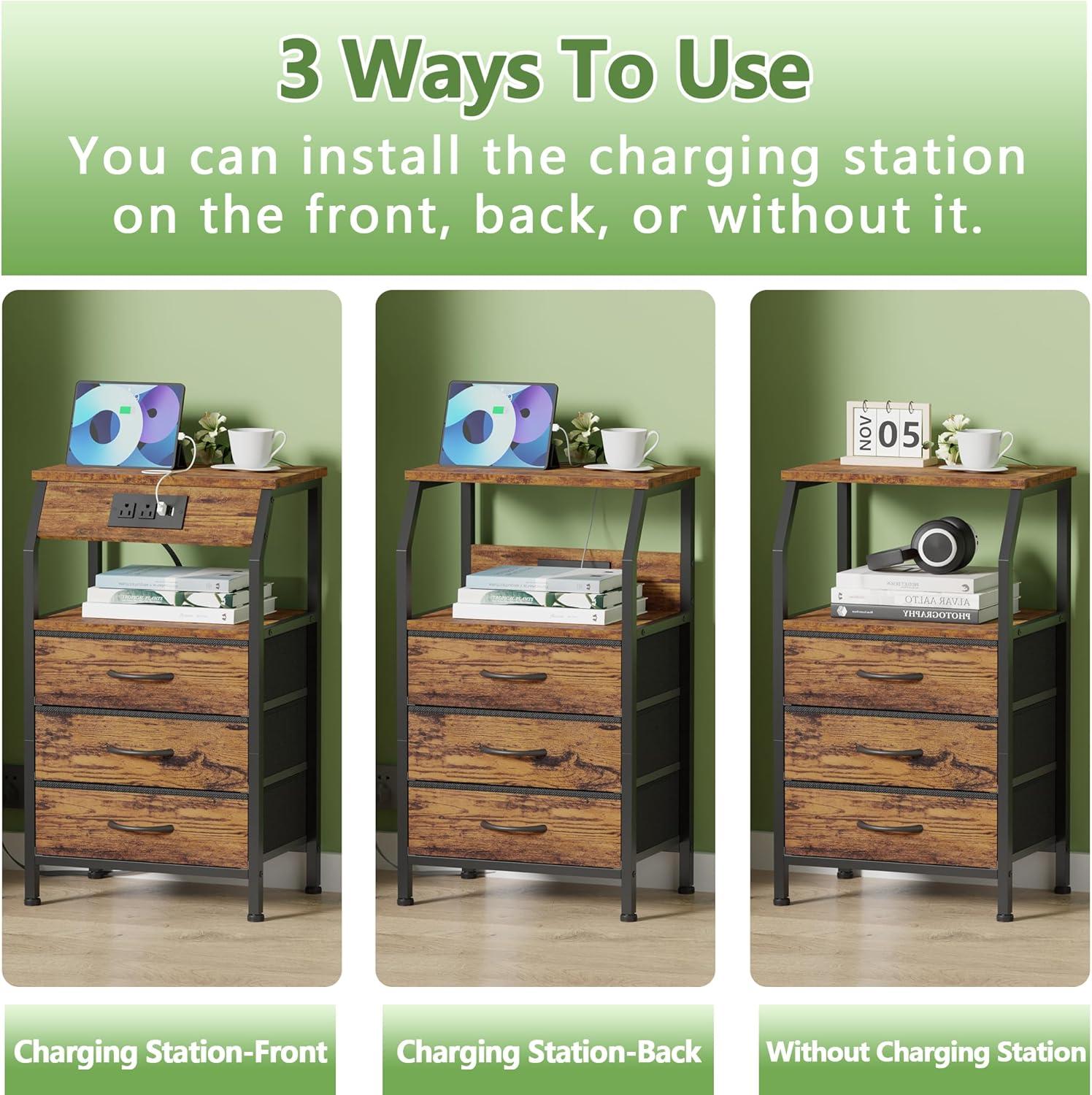 imageFurnulem 5 Drawers Dresser with Charging Station Fabric Chest of Drawers with Open Shelf Tall Night Stand Bedside Table for Closet Entryway Bedroom Furniture 3 Ways to Use Black OakRustic Brown