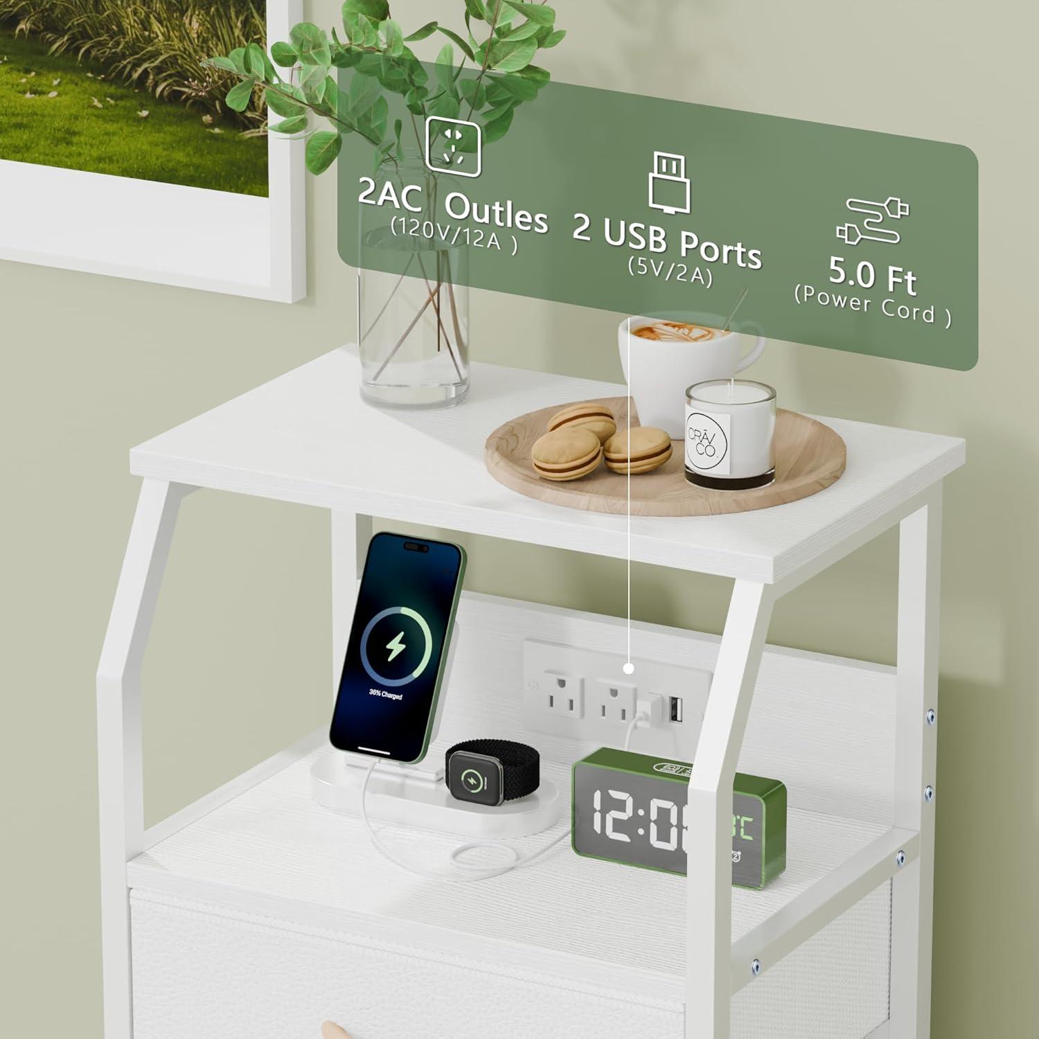 imageFurnulem 5 Drawers Dresser with Charging Station Fabric Chest of Drawers with Open Shelf Tall Night Stand Bedside Table for Closet Entryway Bedroom Furniture 3 Ways to Use Black OakWhite