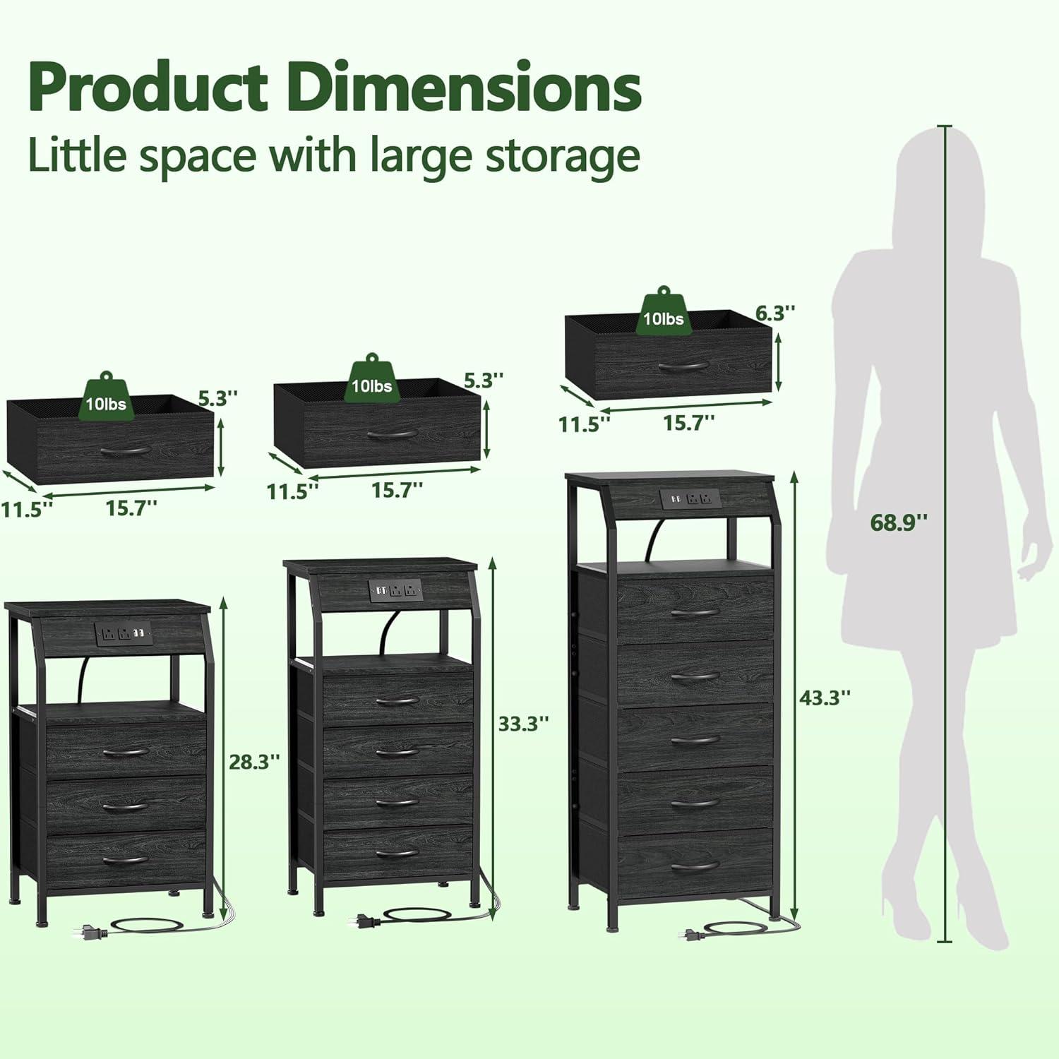 imageFurnulem 5 Drawers Dresser with Charging Station Fabric Chest of Drawers with Open Shelf Tall Night Stand Bedside Table for Closet Entryway Bedroom Furniture 3 Ways to Use Black OakBlack Oak