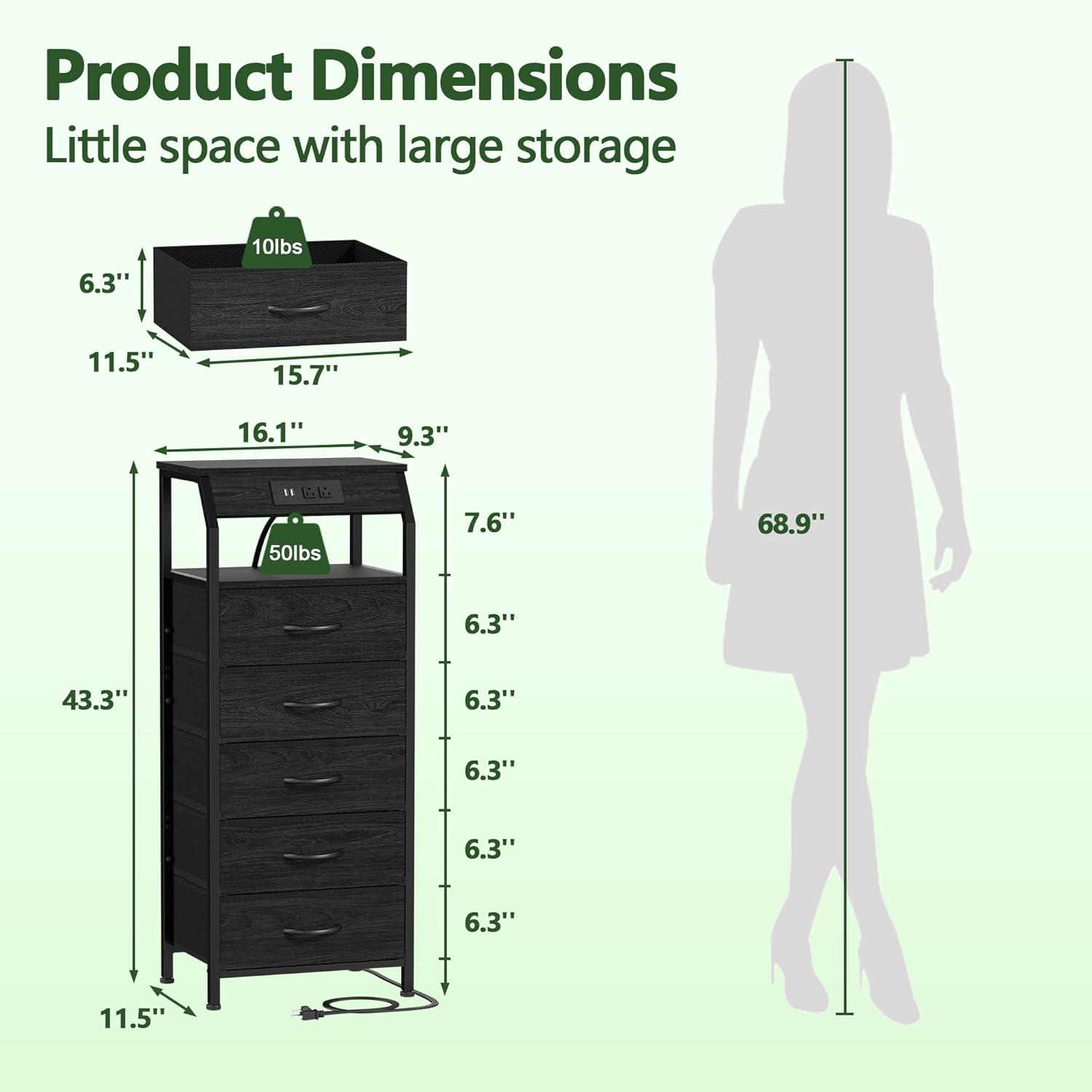 imageFurnulem 5 Drawers Dresser with Charging Station Fabric Chest of Drawers with Open Shelf Tall Night Stand Bedside Table for Closet Entryway Bedroom Furniture 3 Ways to Use Black OakBlack Oak