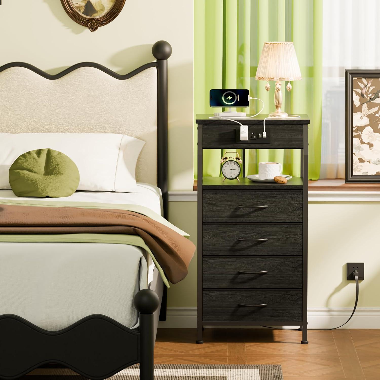 imageFurnulem 5 Drawers Dresser with Charging Station Fabric Chest of Drawers with Open Shelf Tall Night Stand Bedside Table for Closet Entryway Bedroom Furniture 3 Ways to Use Black OakBlack Oak