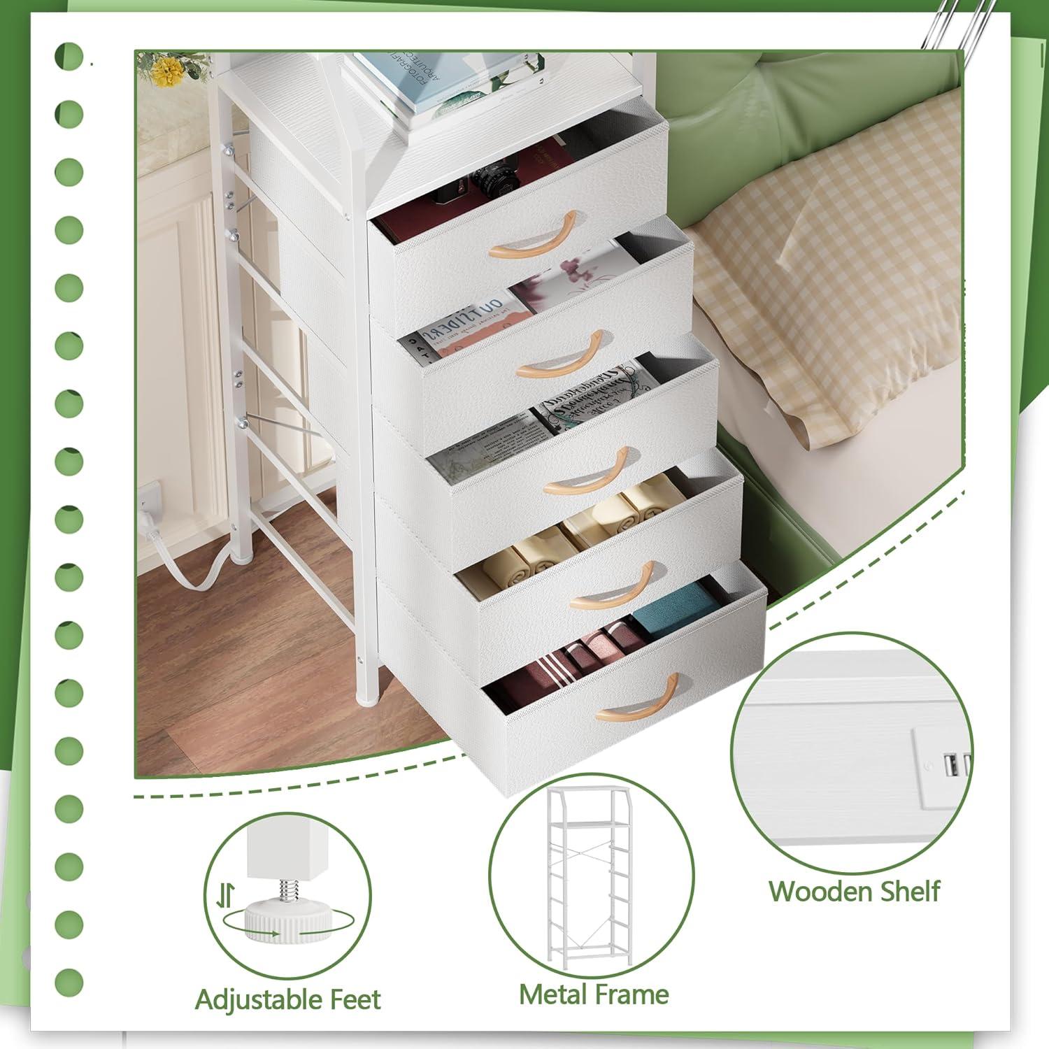 imageFurnulem 5 Drawers Dresser with Charging Station Fabric Chest of Drawers with Open Shelf Tall Night Stand Bedside Table for Closet Entryway Bedroom Furniture 3 Ways to Use Black OakWhite