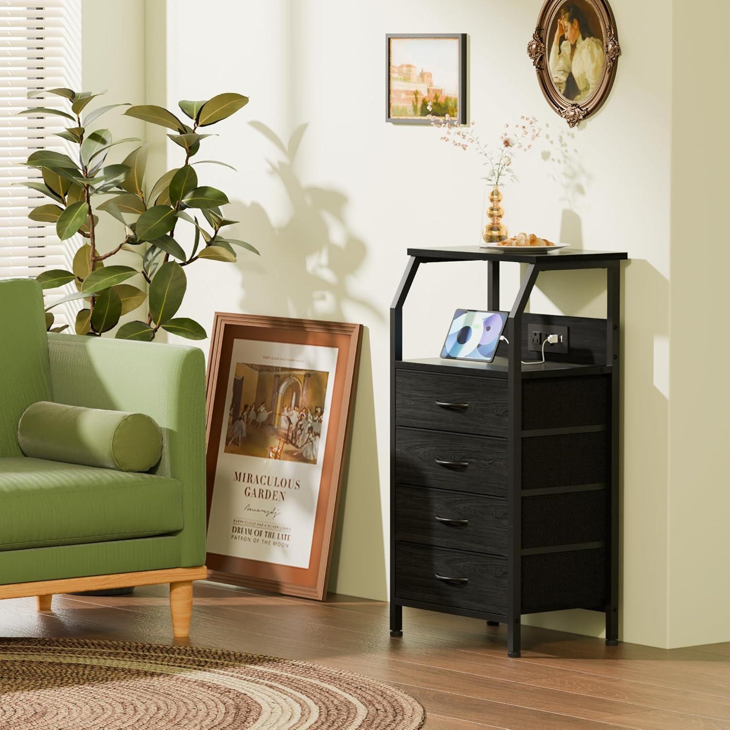 imageFurnulem 5 Drawers Dresser with Charging Station Fabric Chest of Drawers with Open Shelf Tall Night Stand Bedside Table for Closet Entryway Bedroom Furniture 3 Ways to Use Black OakBlack Oak