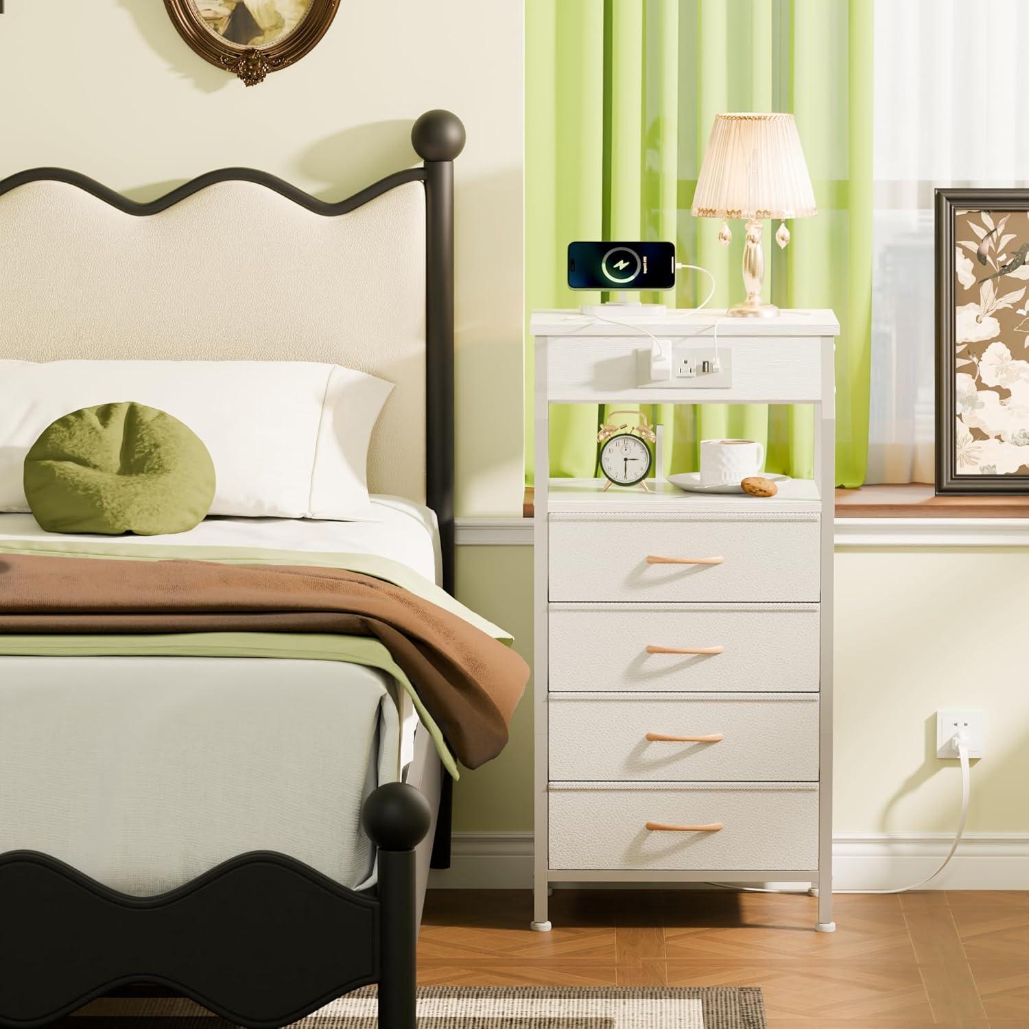 imageFurnulem 5 Drawers Dresser with Charging Station Fabric Chest of Drawers with Open Shelf Tall Night Stand Bedside Table for Closet Entryway Bedroom Furniture 3 Ways to Use Black OakWhite