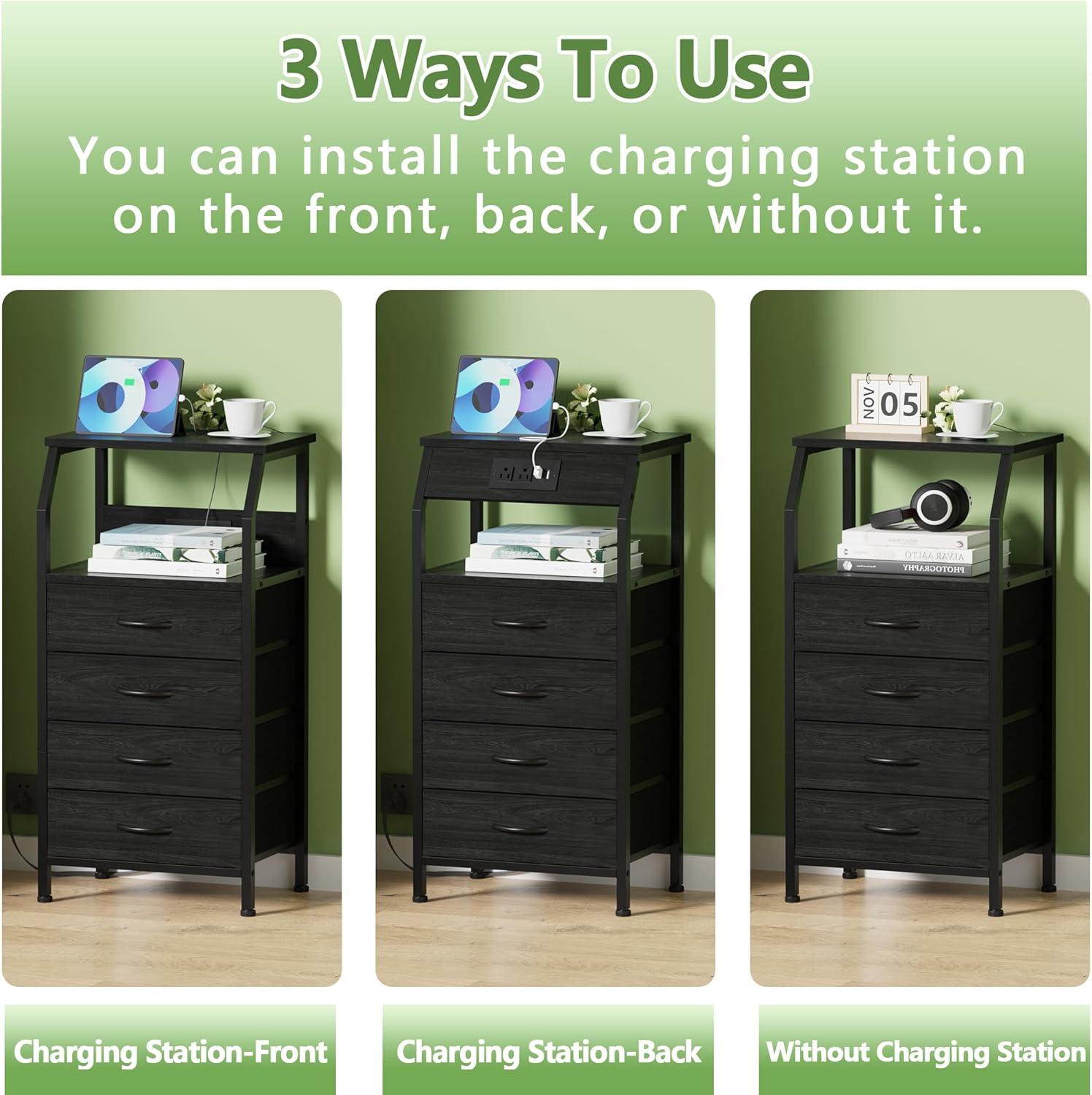 imageFurnulem 5 Drawers Dresser with Charging Station Fabric Chest of Drawers with Open Shelf Tall Night Stand Bedside Table for Closet Entryway Bedroom Furniture 3 Ways to Use Black OakBlack Oak