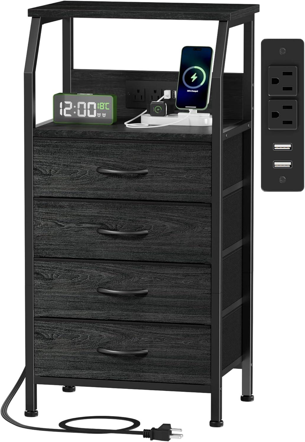 imageFurnulem 5 Drawers Dresser with Charging Station Fabric Chest of Drawers with Open Shelf Tall Night Stand Bedside Table for Closet Entryway Bedroom Furniture 3 Ways to Use Black OakBlack Oak