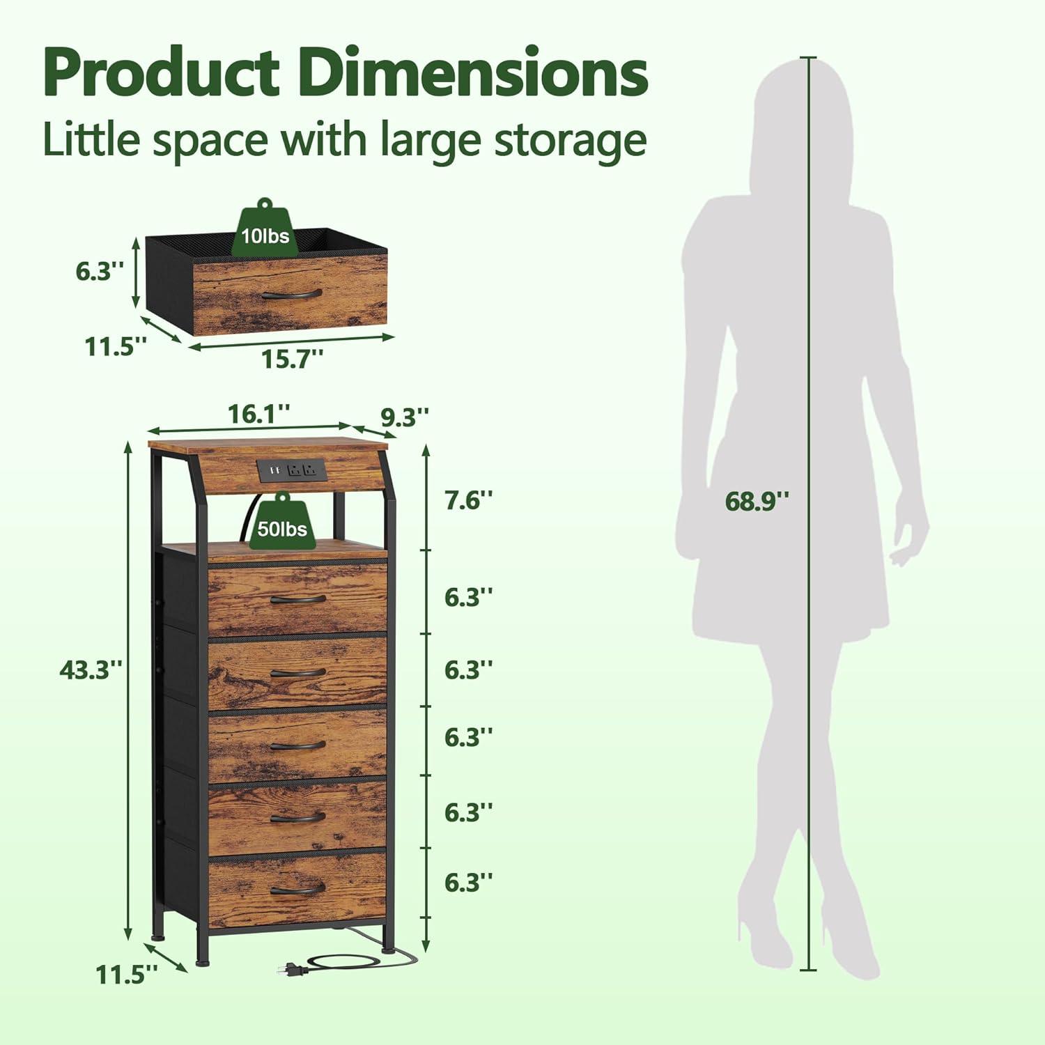 imageFurnulem 5 Drawers Dresser with Charging Station Fabric Chest of Drawers with Open Shelf Tall Night Stand Bedside Table for Closet Entryway Bedroom Furniture 3 Ways to Use Black OakRustic Brown