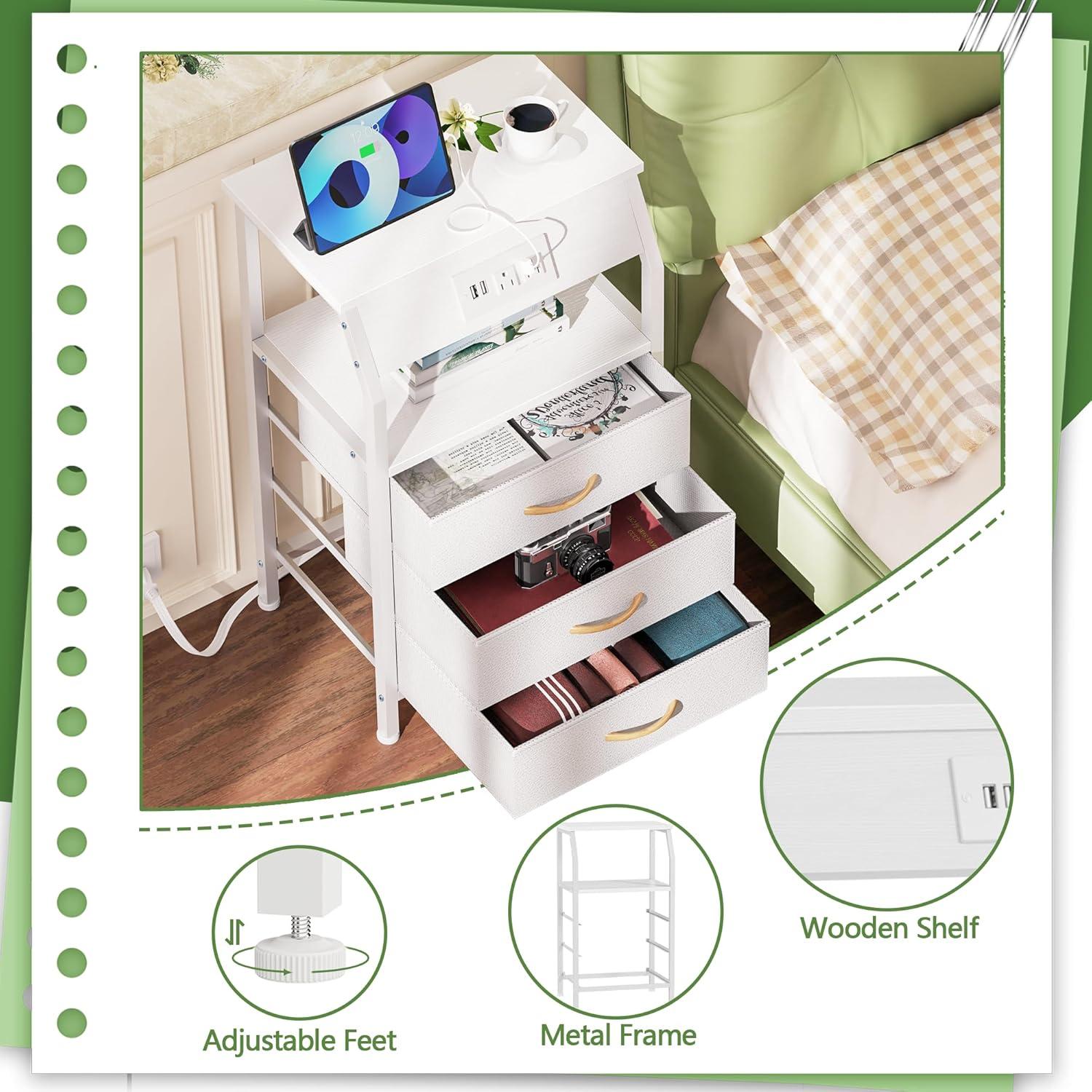 imageFurnulem 5 Drawers Dresser with Charging Station Fabric Chest of Drawers with Open Shelf Tall Night Stand Bedside Table for Closet Entryway Bedroom Furniture 3 Ways to Use Black OakWhite