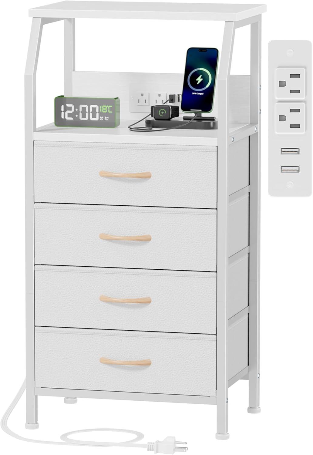 imageFurnulem 5 Drawers Dresser with Charging Station Fabric Chest of Drawers with Open Shelf Tall Night Stand Bedside Table for Closet Entryway Bedroom Furniture 3 Ways to Use Black OakWhite