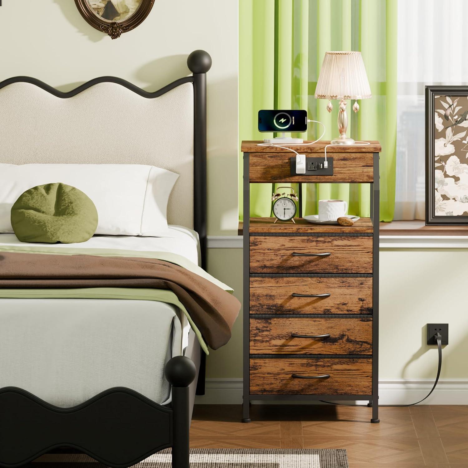 imageFurnulem 5 Drawers Dresser with Charging Station Fabric Chest of Drawers with Open Shelf Tall Night Stand Bedside Table for Closet Entryway Bedroom Furniture 3 Ways to Use Black OakRustic Brown