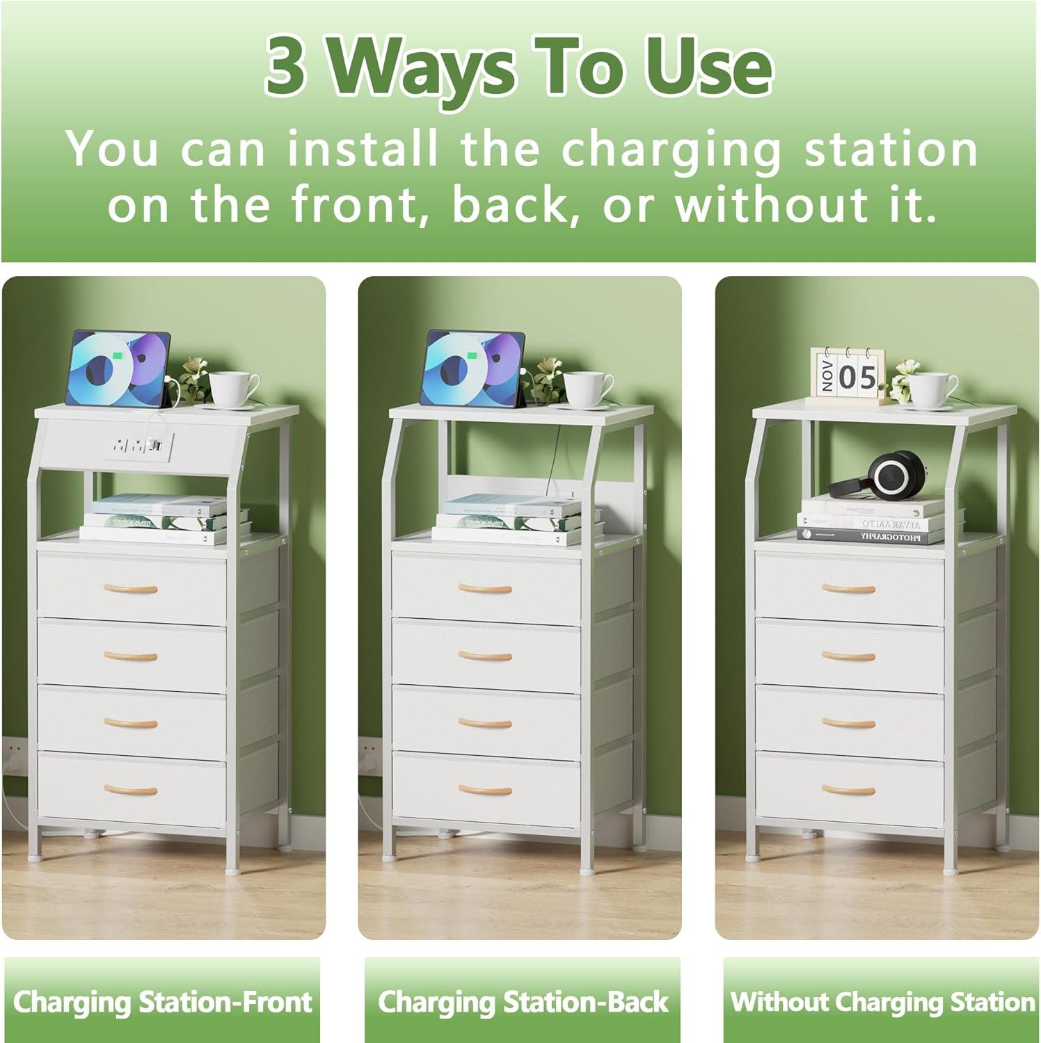 imageFurnulem 5 Drawers Dresser with Charging Station Fabric Chest of Drawers with Open Shelf Tall Night Stand Bedside Table for Closet Entryway Bedroom Furniture 3 Ways to Use Black OakWhite