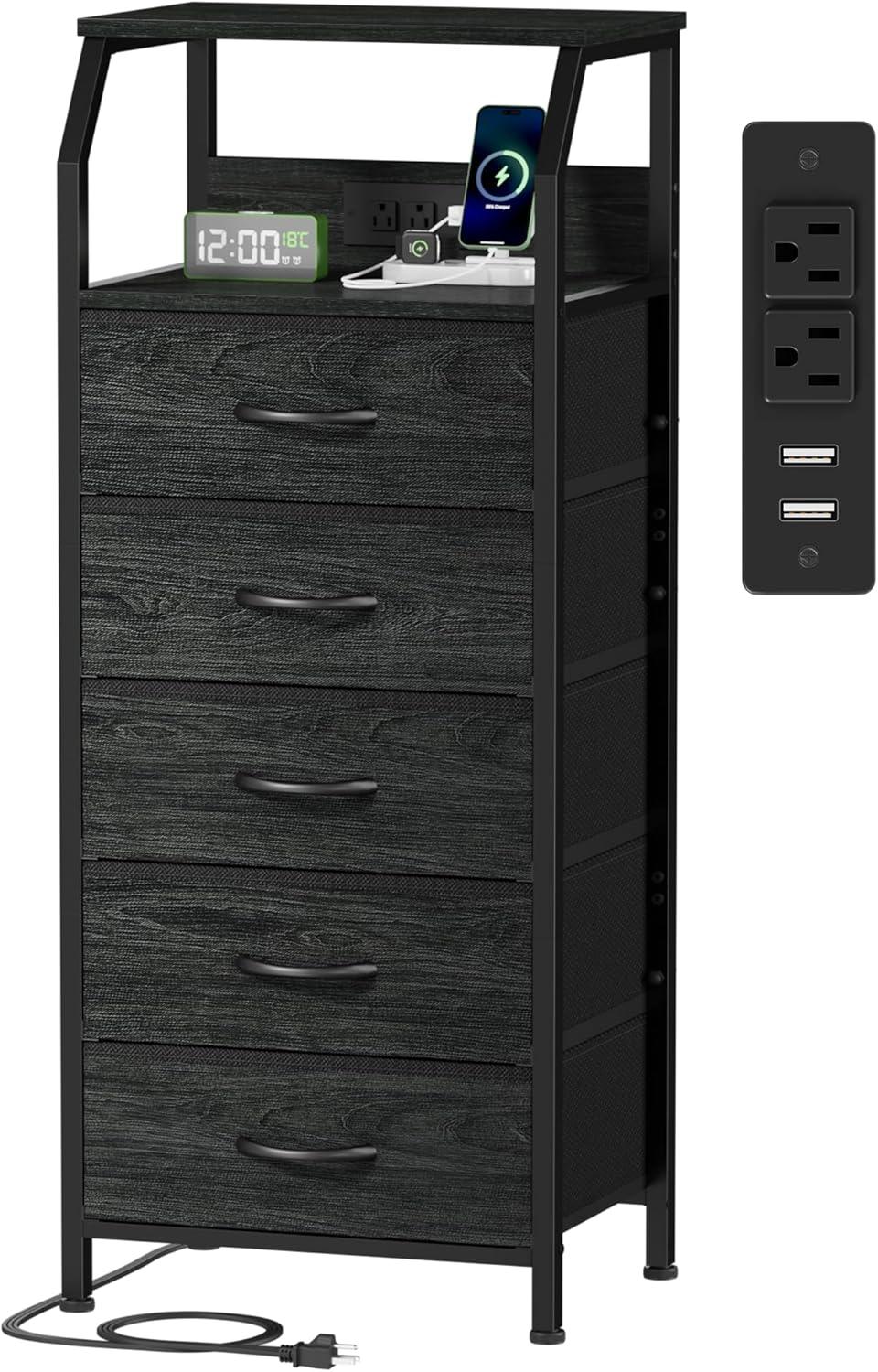 imageFurnulem 5 Drawers Dresser with Charging Station Fabric Chest of Drawers with Open Shelf Tall Night Stand Bedside Table for Closet Entryway Bedroom Furniture 3 Ways to Use Black OakBlack Oak