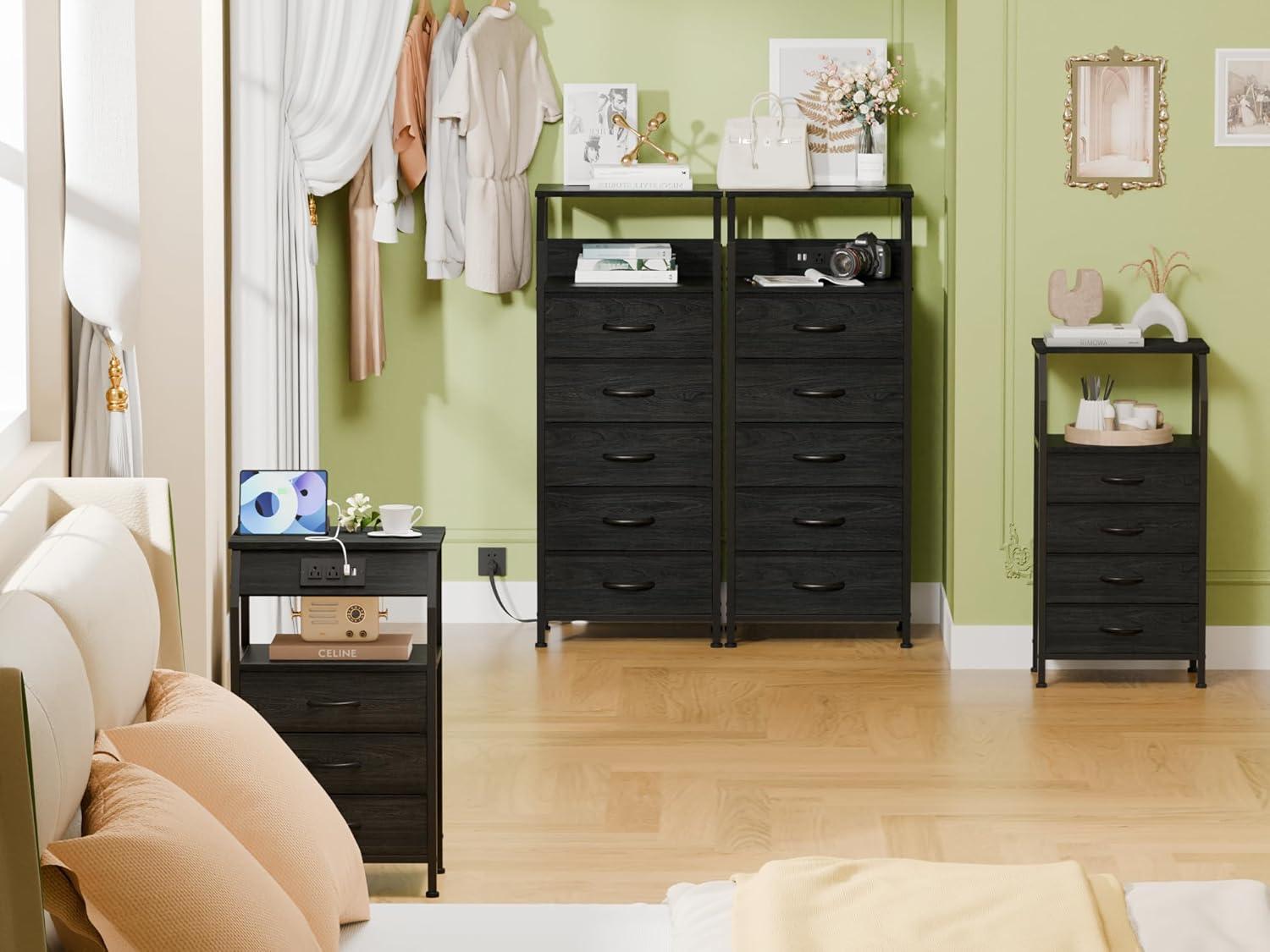 imageFurnulem 5 Drawers Dresser with Charging Station Fabric Chest of Drawers with Open Shelf Tall Night Stand Bedside Table for Closet Entryway Bedroom Furniture 3 Ways to Use Black OakBlack Oak