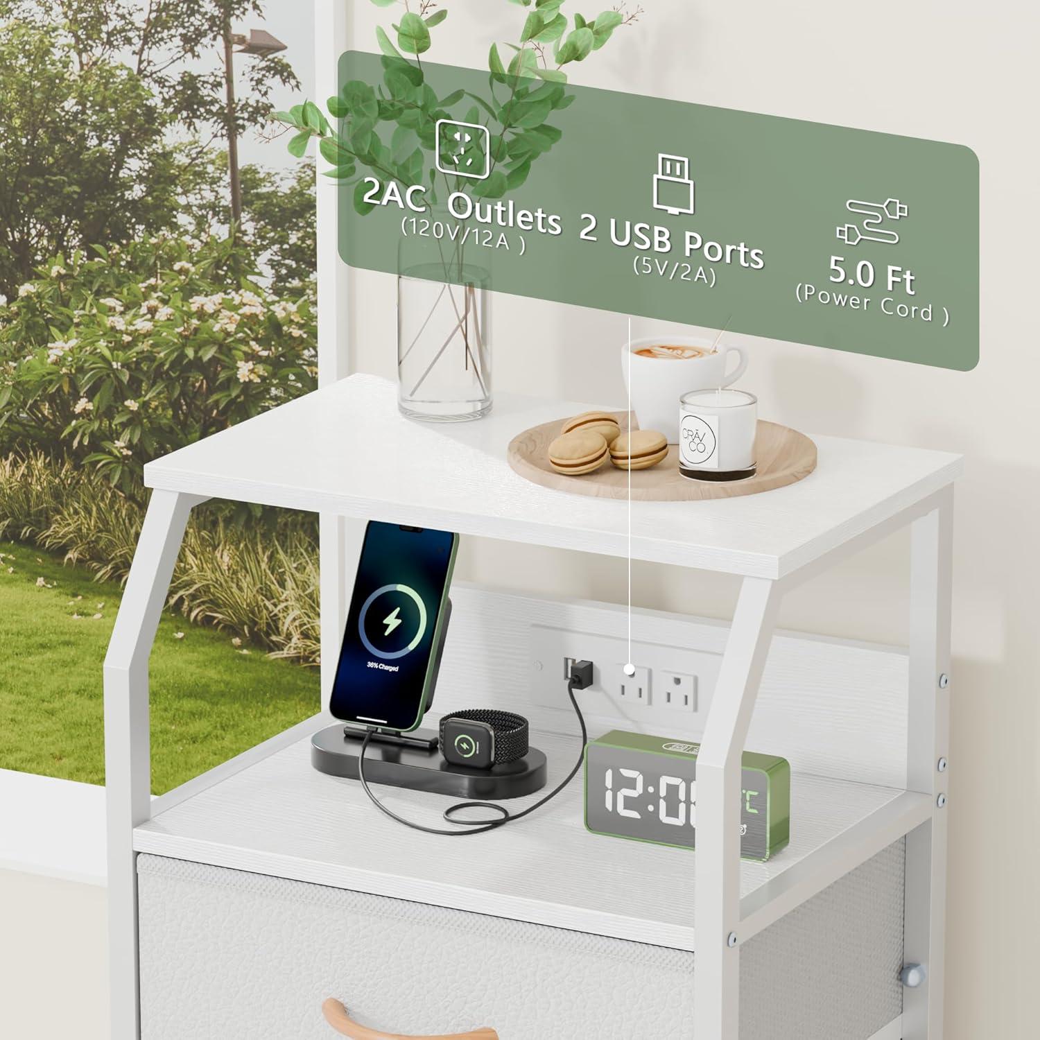 imageFurnulem 5 Drawers Dresser with Charging Station Fabric Chest of Drawers with Open Shelf Tall Night Stand Bedside Table for Closet Entryway Bedroom Furniture 3 Ways to Use Black OakWhite