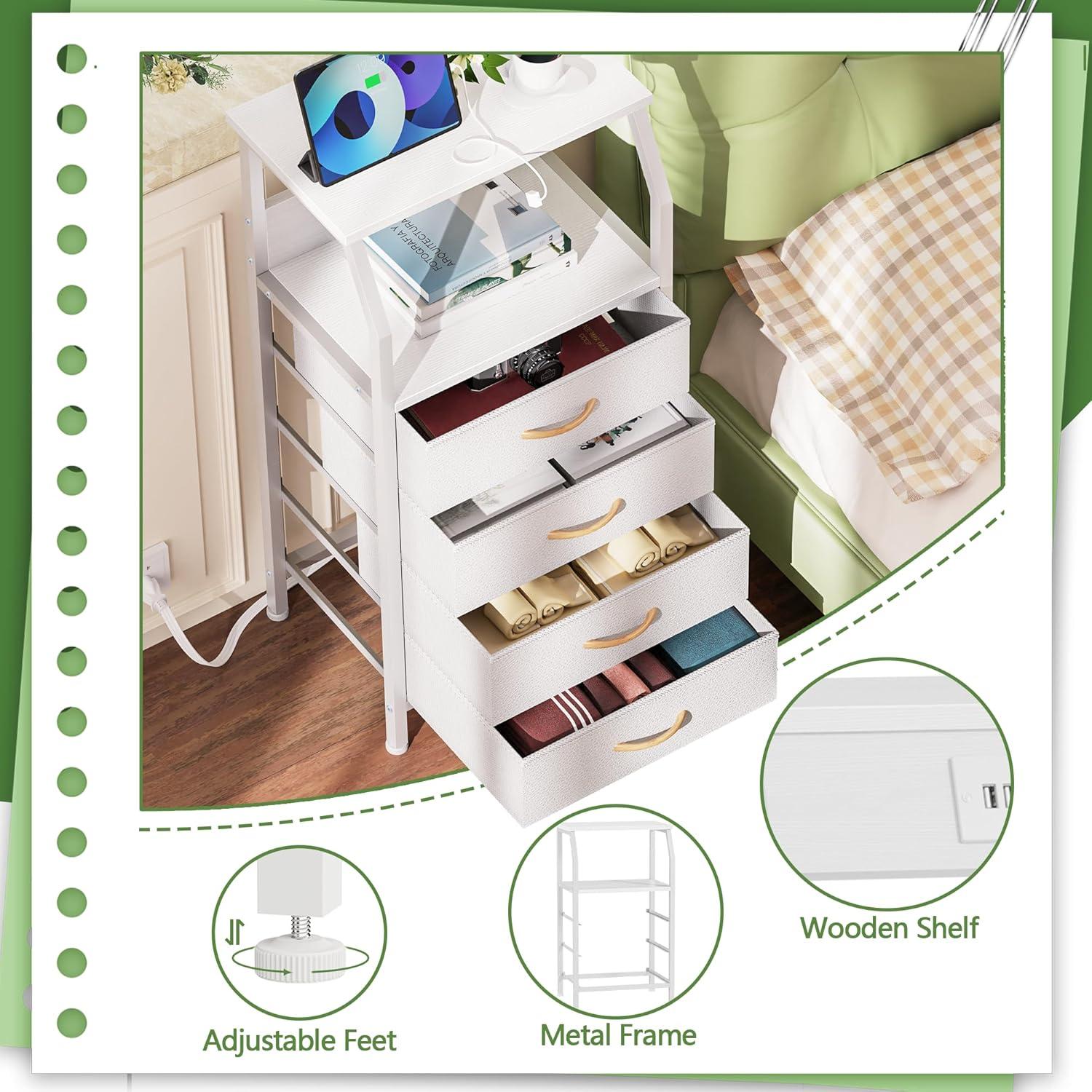 imageFurnulem 5 Drawers Dresser with Charging Station Fabric Chest of Drawers with Open Shelf Tall Night Stand Bedside Table for Closet Entryway Bedroom Furniture 3 Ways to Use Black OakWhite