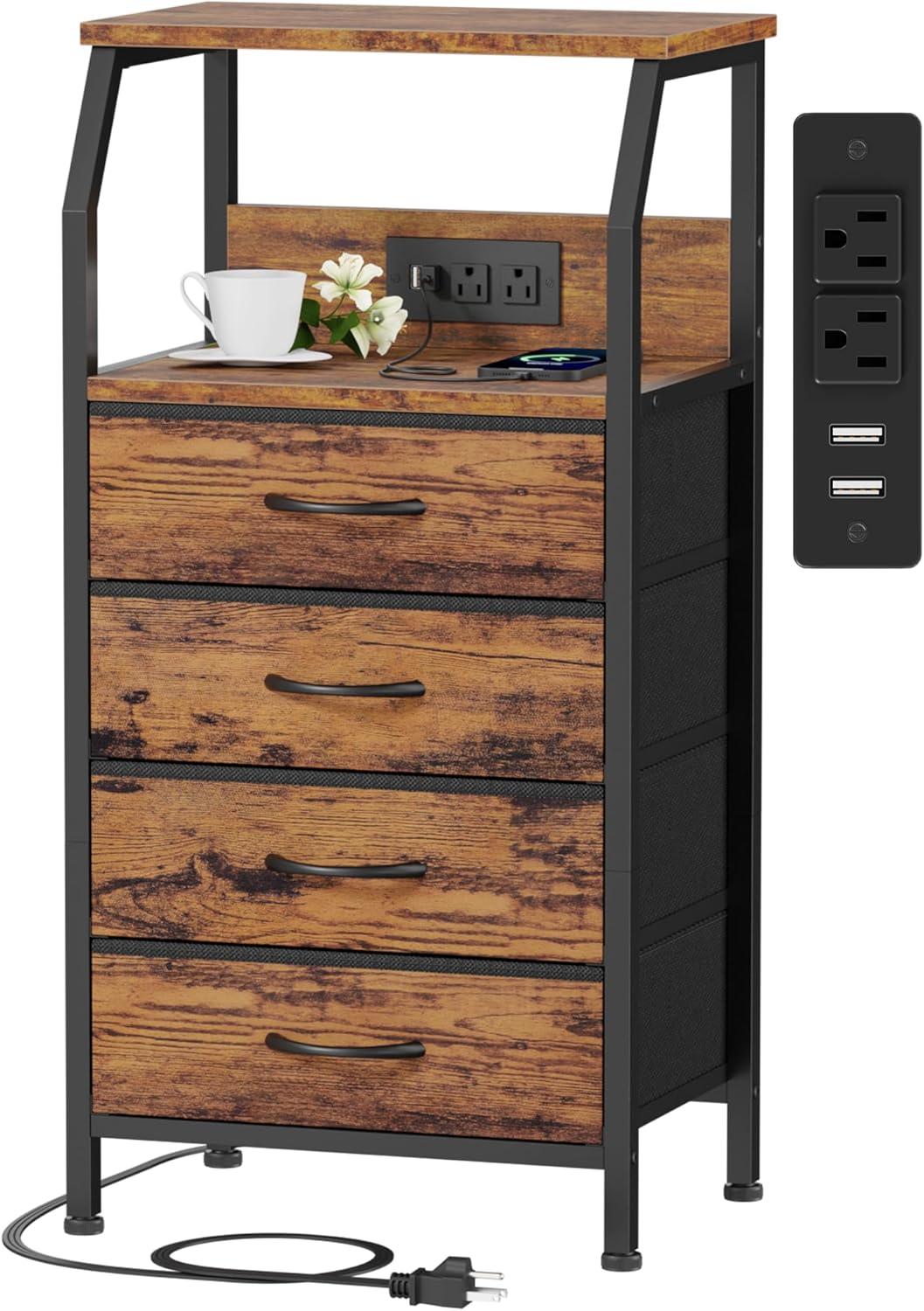 imageFurnulem 5 Drawers Dresser with Charging Station Fabric Chest of Drawers with Open Shelf Tall Night Stand Bedside Table for Closet Entryway Bedroom Furniture 3 Ways to Use Black OakRustic Brown