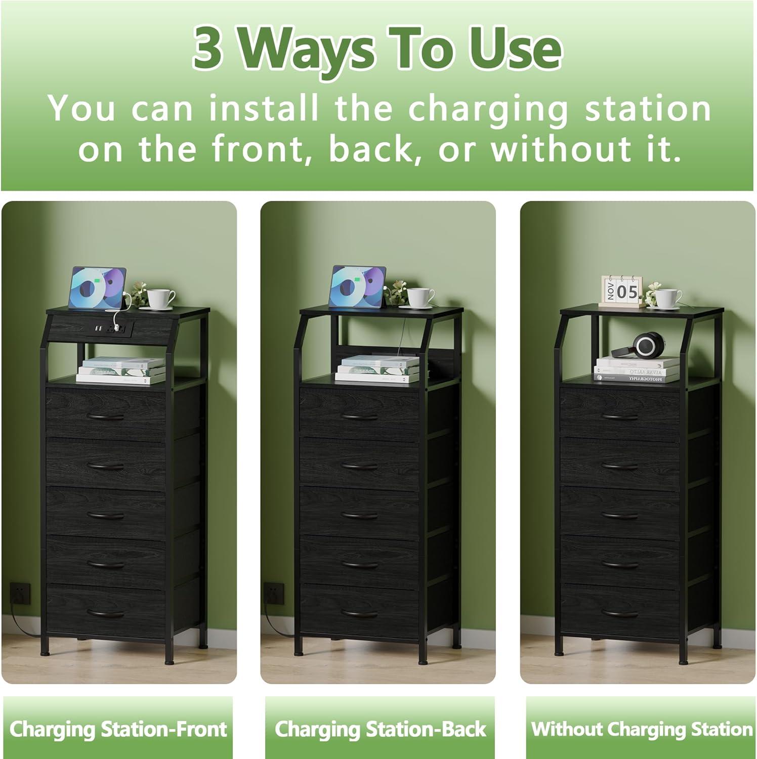 imageFurnulem 5 Drawers Dresser with Charging Station Fabric Chest of Drawers with Open Shelf Tall Night Stand Bedside Table for Closet Entryway Bedroom Furniture 3 Ways to Use Black OakBlack Oak