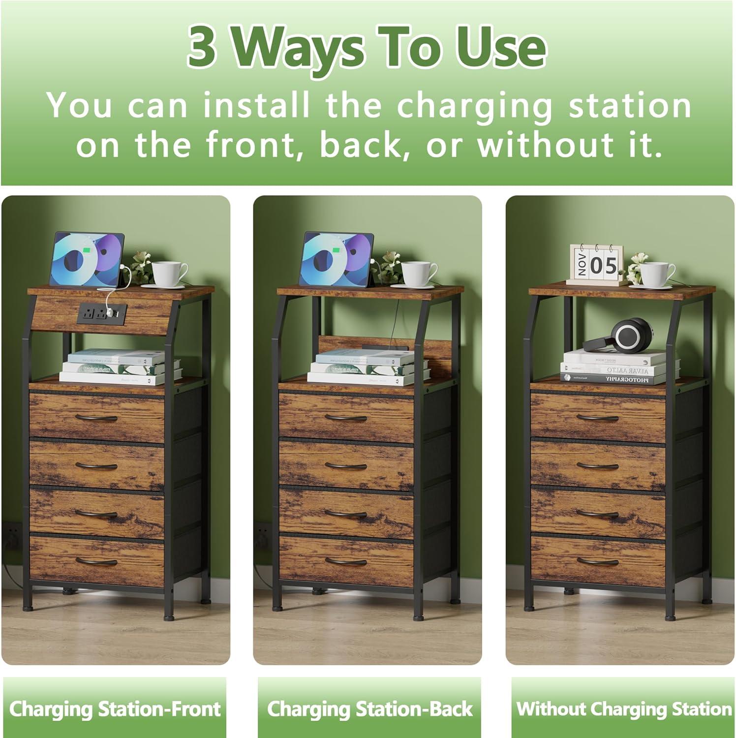 imageFurnulem 5 Drawers Dresser with Charging Station Fabric Chest of Drawers with Open Shelf Tall Night Stand Bedside Table for Closet Entryway Bedroom Furniture 3 Ways to Use Black OakRustic Brown