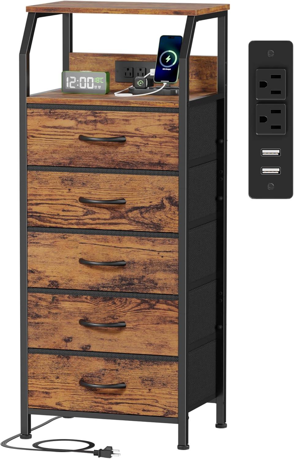 imageFurnulem 5 Drawers Dresser with Charging Station Fabric Chest of Drawers with Open Shelf Tall Night Stand Bedside Table for Closet Entryway Bedroom Furniture 3 Ways to Use Black OakRustic Brown