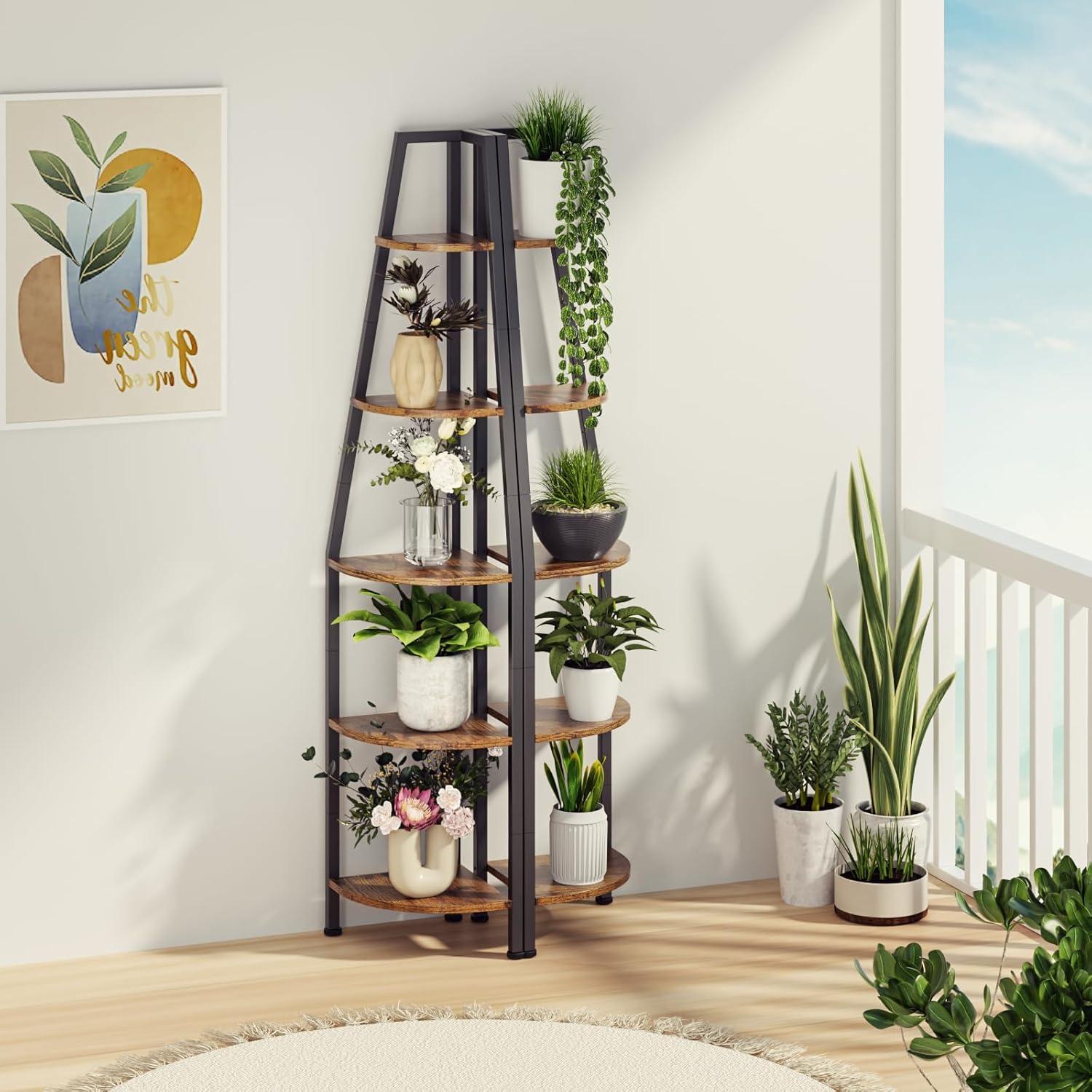 imageFurnulem 5 Tier Corner Shelf with LED Light 672 Tall Standing Shelf for Wall Corner Narrow Bookshelf Ladder Shelf for Bedroom Living Room Plant Wood Storage Rack Metal Frame WhiteRustic Brown