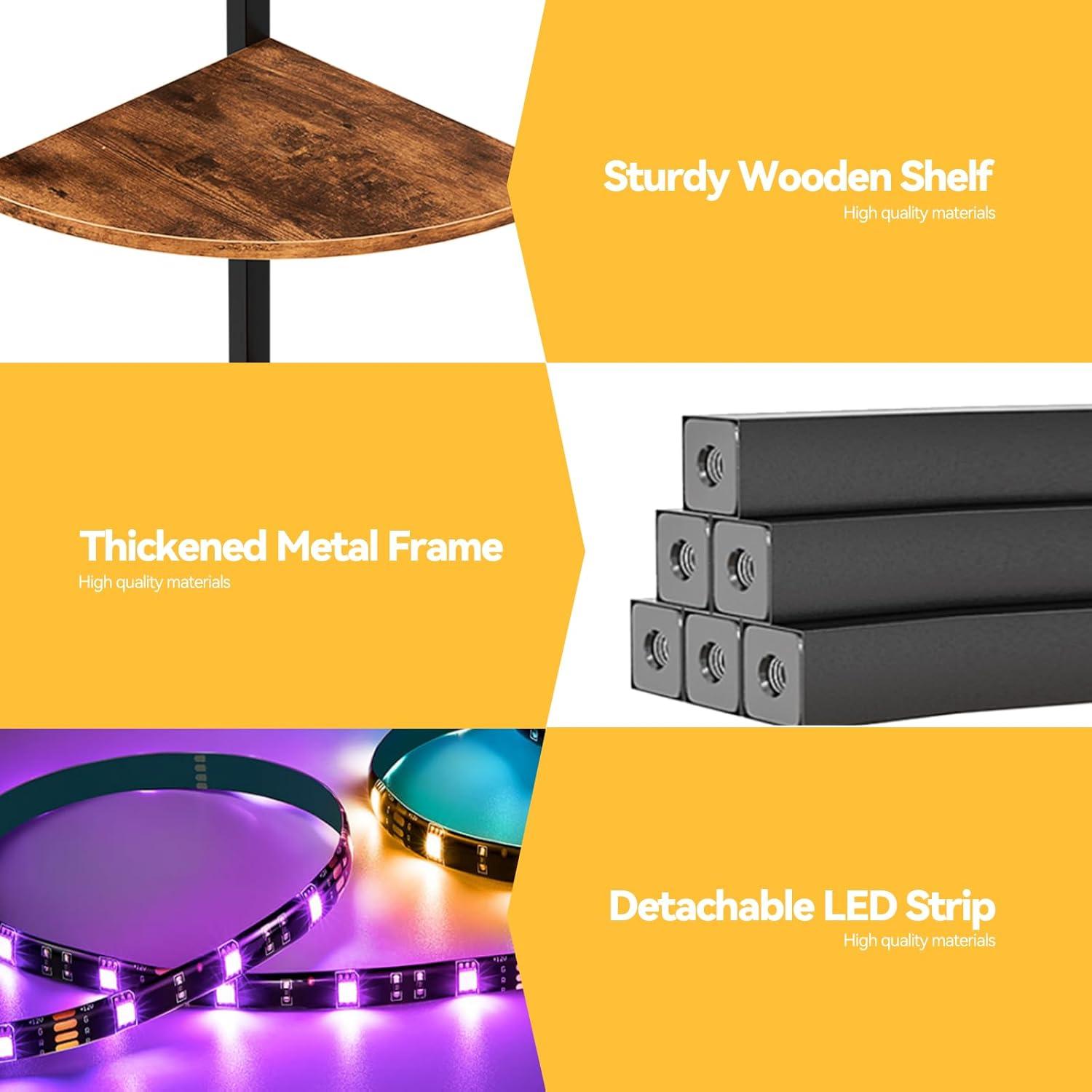 imageFurnulem 5 Tier Corner Shelf with LED Light 672 Tall Standing Shelf for Wall Corner Narrow Bookshelf Ladder Shelf for Bedroom Living Room Plant Wood Storage Rack Metal Frame WhiteRustic Brown