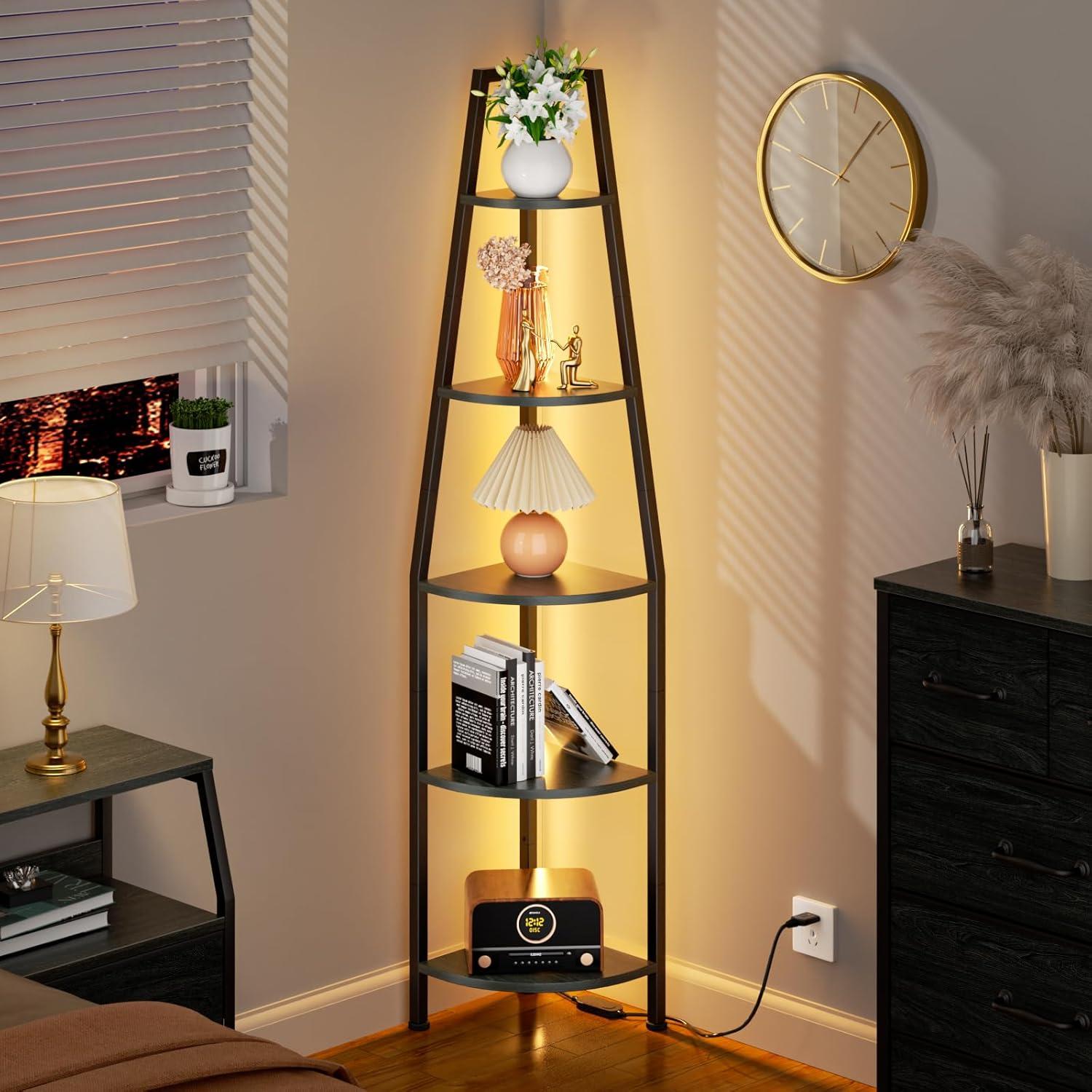 imageFurnulem 5 Tier Corner Shelf with LED Light 672 Tall Standing Shelf for Wall Corner Narrow Bookshelf Ladder Shelf for Bedroom Living Room Plant Wood Storage Rack Metal Frame WhiteBlack Oak