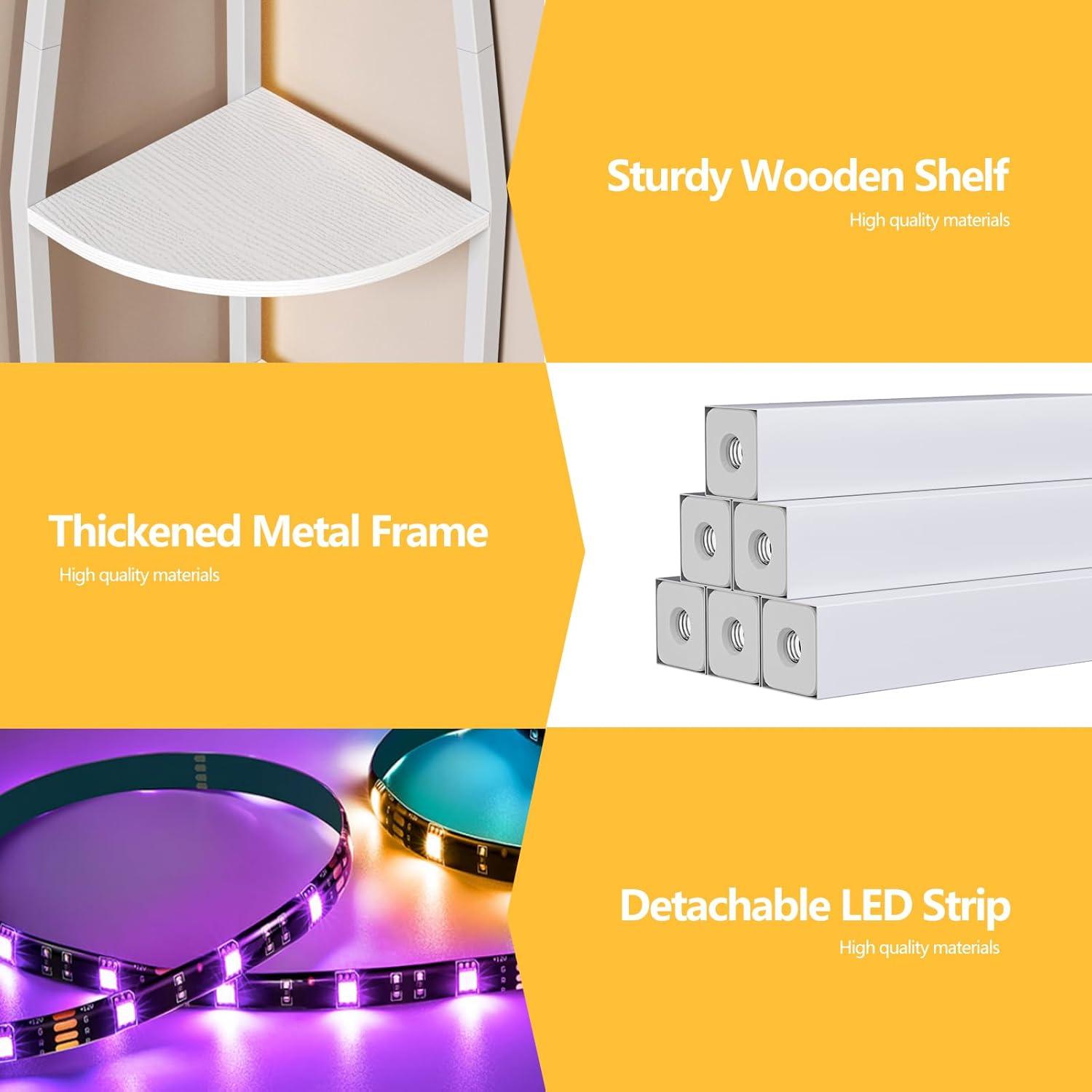 imageFurnulem 5 Tier Corner Shelf with LED Light 672 Tall Standing Shelf for Wall Corner Narrow Bookshelf Ladder Shelf for Bedroom Living Room Plant Wood Storage Rack Metal Frame WhiteWhite