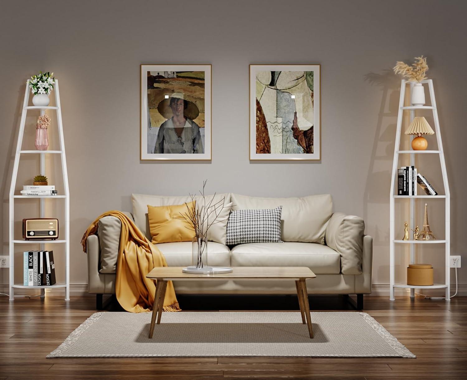 imageFurnulem 5 Tier Corner Shelf with LED Light 672 Tall Standing Shelf for Wall Corner Narrow Bookshelf Ladder Shelf for Bedroom Living Room Plant Wood Storage Rack Metal Frame WhiteWhite