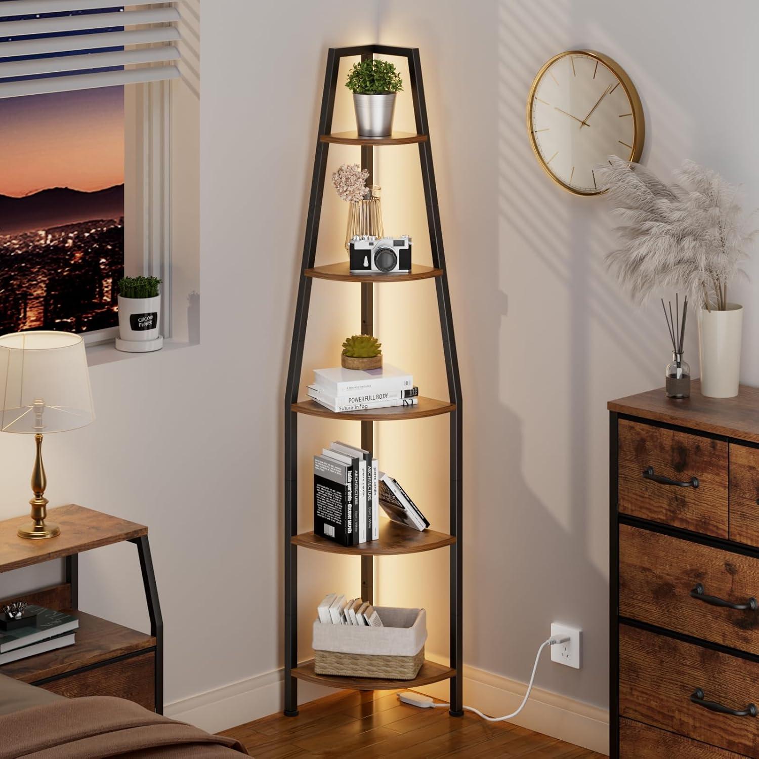 imageFurnulem 5 Tier Corner Shelf with LED Light 672 Tall Standing Shelf for Wall Corner Narrow Bookshelf Ladder Shelf for Bedroom Living Room Plant Wood Storage Rack Metal Frame WhiteRustic Brown