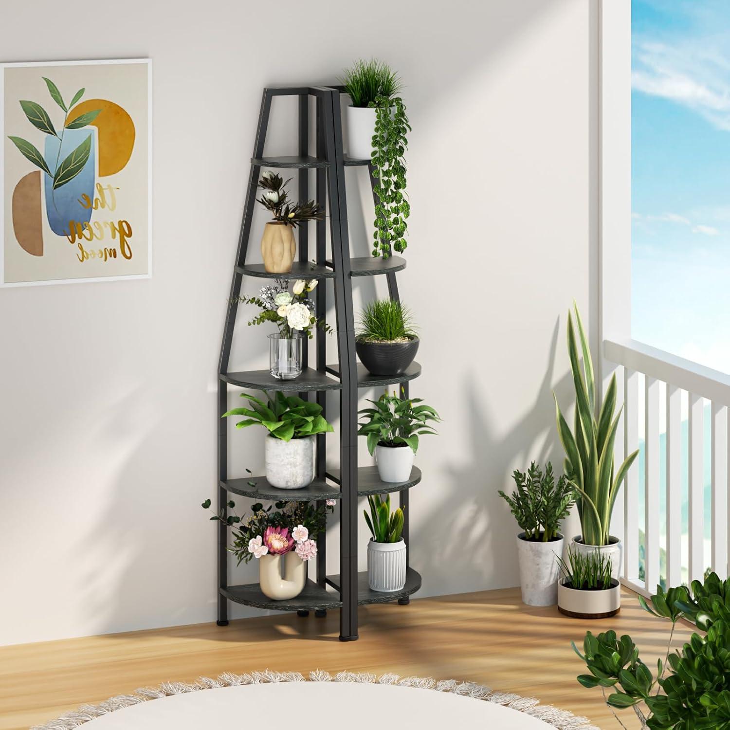 imageFurnulem 5 Tier Corner Shelf with LED Light 672 Tall Standing Shelf for Wall Corner Narrow Bookshelf Ladder Shelf for Bedroom Living Room Plant Wood Storage Rack Metal Frame WhiteBlack Oak